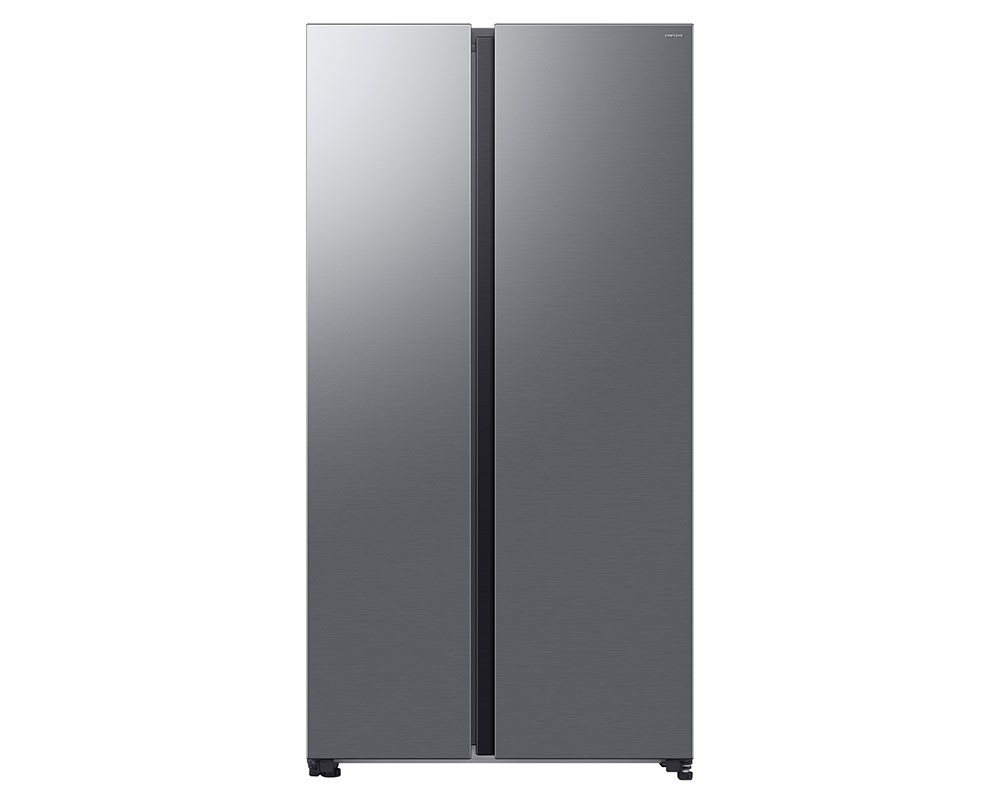 Samsung Bespoke AI Side-by-Side Refrigerator in sleek silver finish, featuring a modern design with mirrored doors and a spacious 659L capacity.