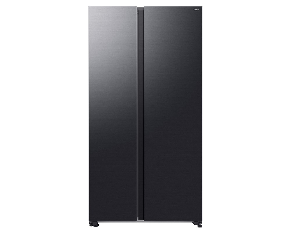 Sleek black stainless steel Samsung Bespoke AI Side-by-Side Refrigerator, 652L capacity, featuring a modern design with a fingerprint-resistant finish and spacious storage.