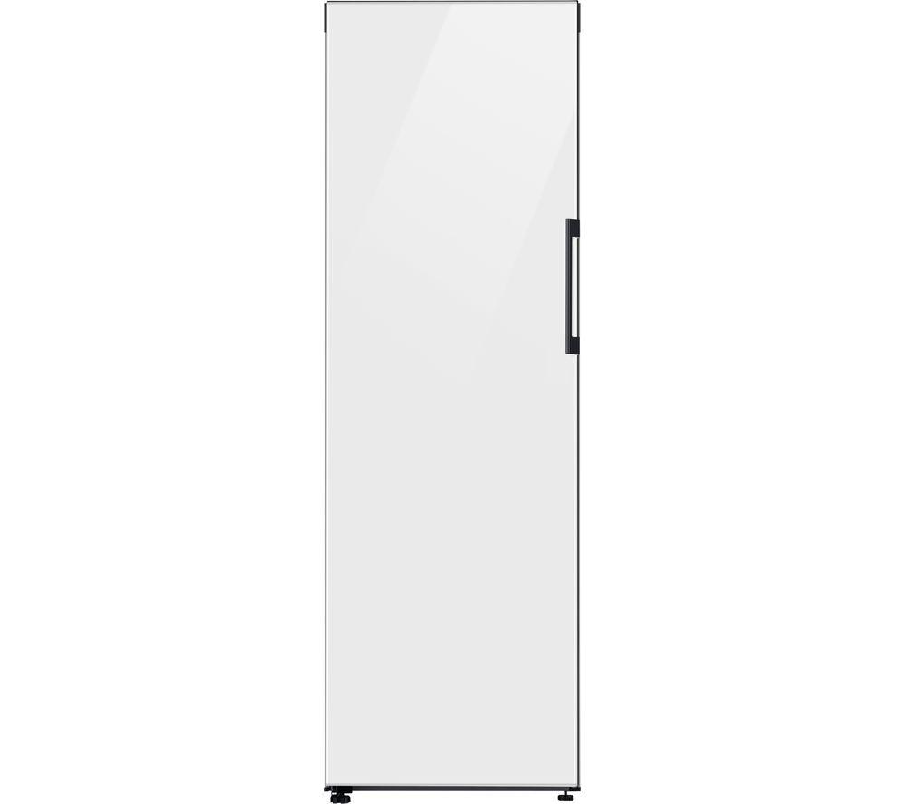 Sleek, tall freezer in clean white finish with a minimalist design, featuring a black handle and frost-free technology for efficient storage.