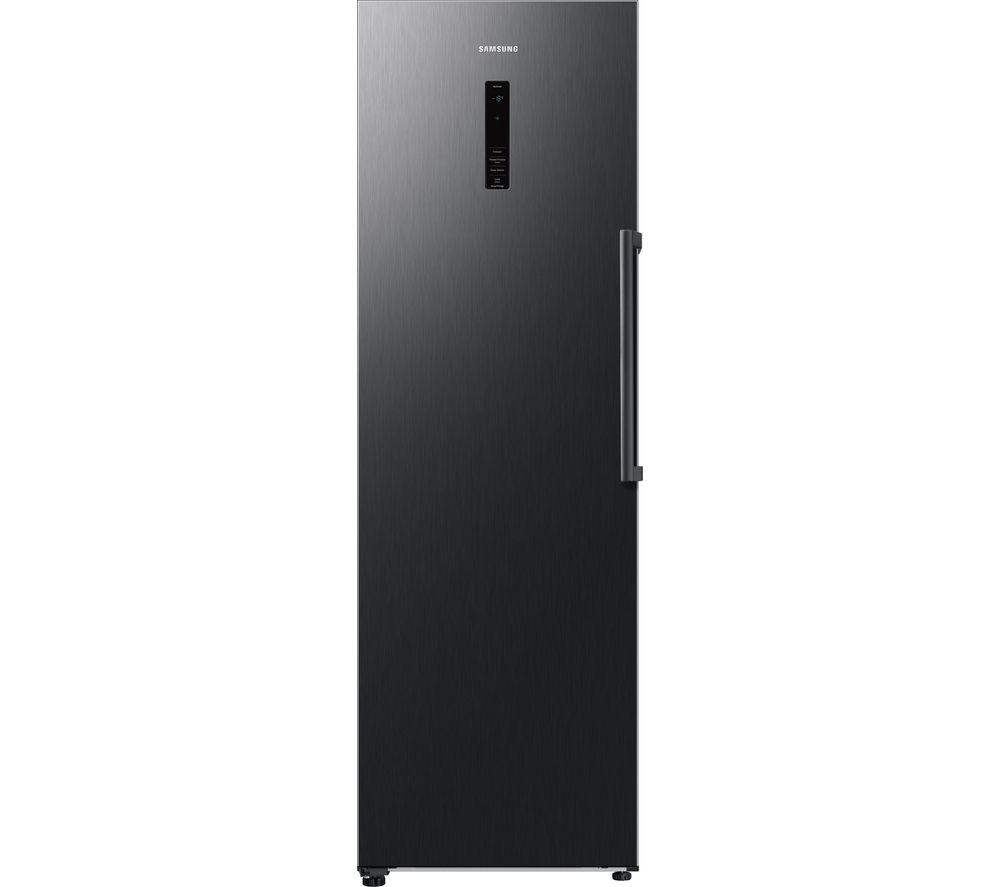 Tall black stainless steel freezer with a sleek design, featuring a minimalist front panel, digital display, and a sturdy handle.