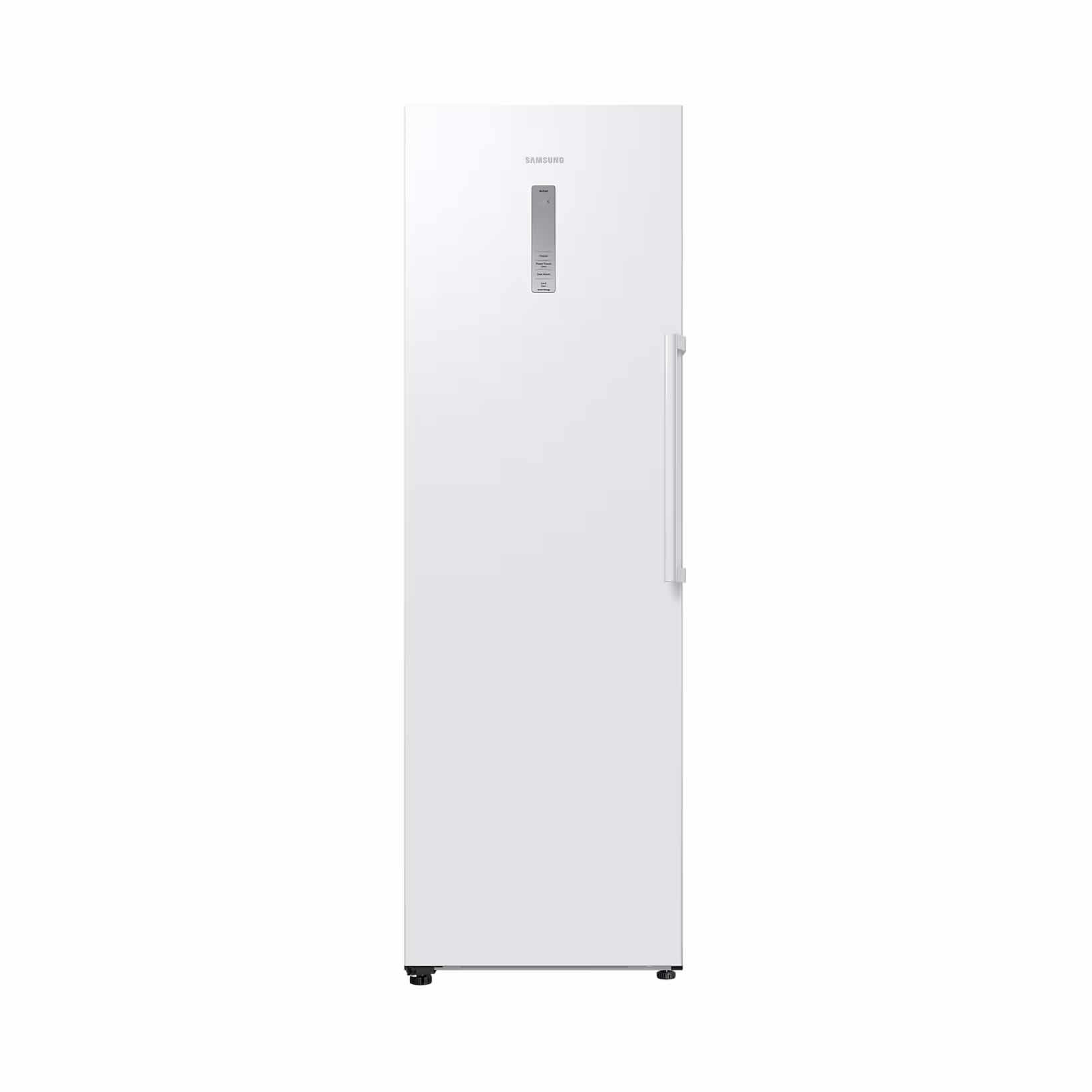 Tall, white Samsung freezer with a sleek design, featuring a single door, no frost technology, and a digital control panel on the front.