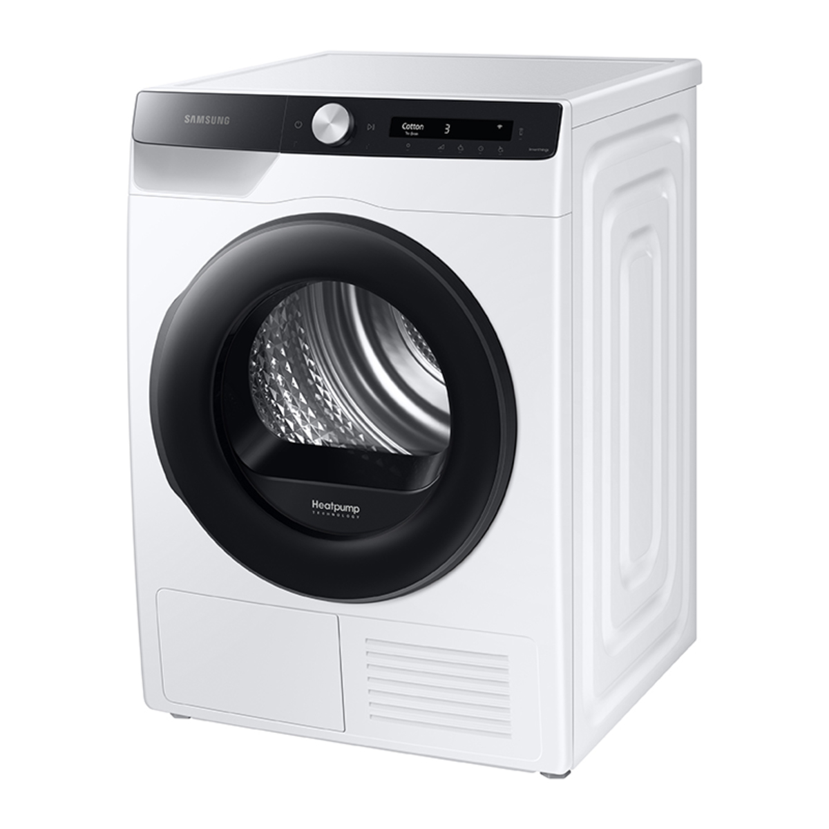 White Samsung dryer with a large black circular door, control panel on top featuring a digital display and buttons, and a sleek modern design.