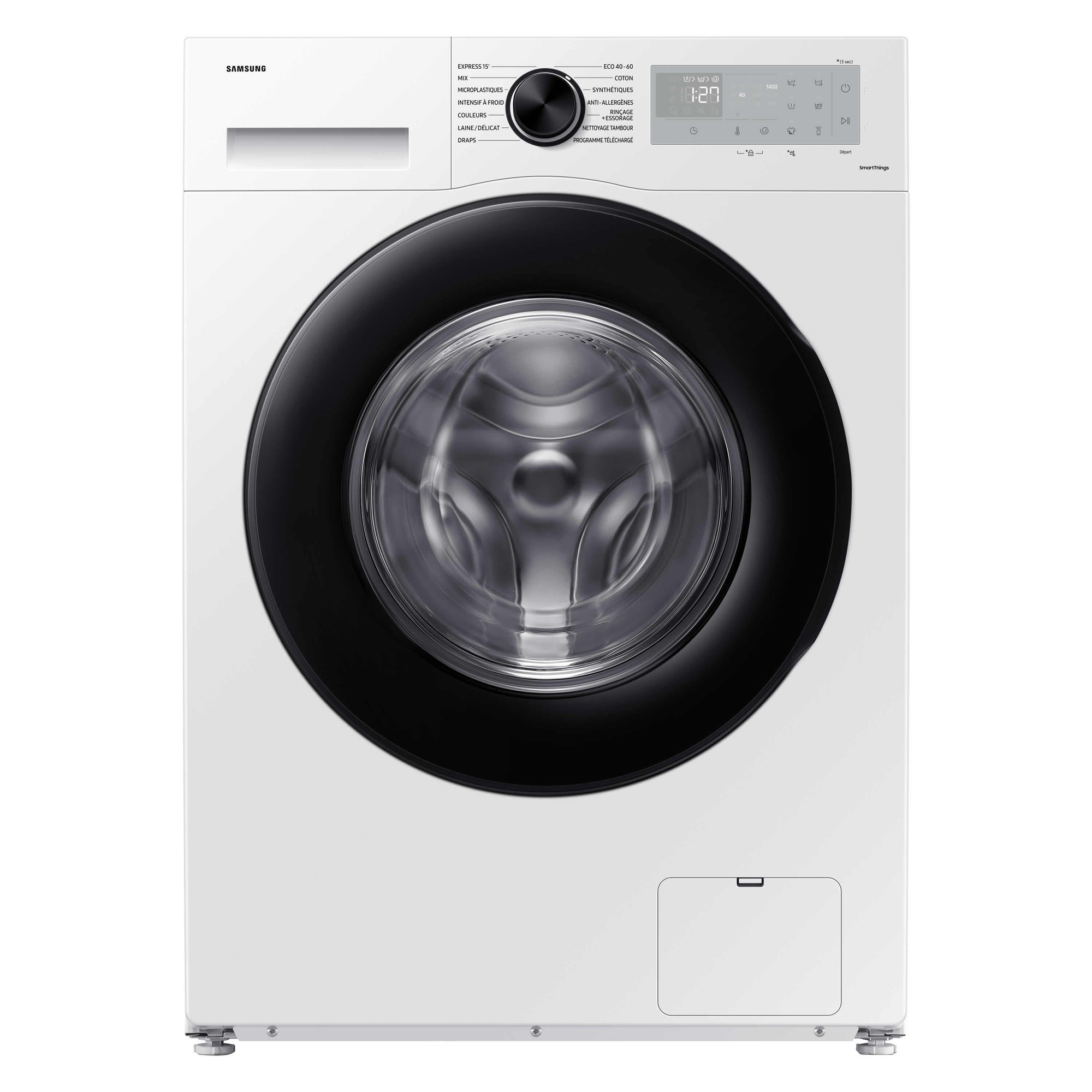 Front-loading washing machine in white with a large black circular door, control panel at the top featuring buttons and a digital display.