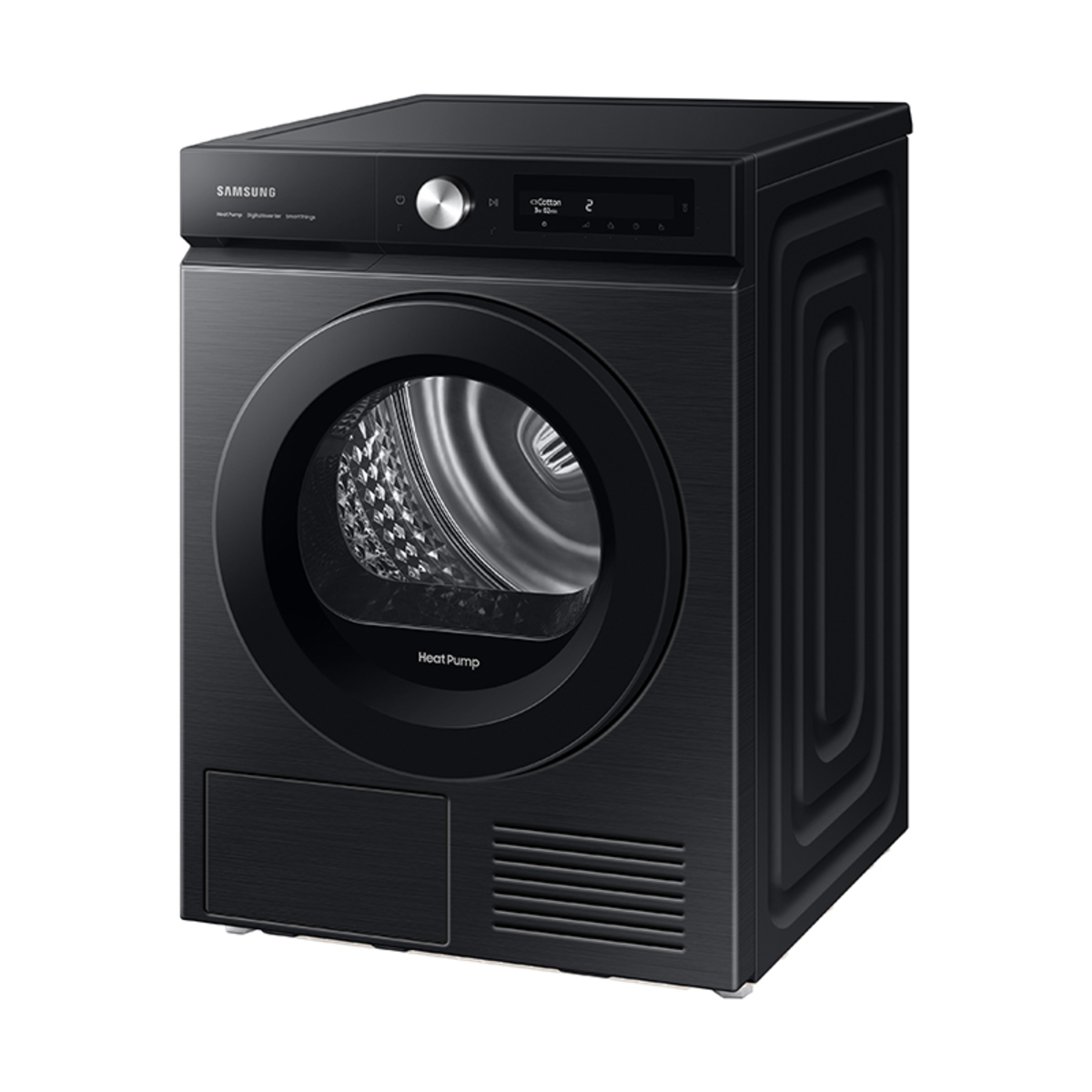 Black Samsung heat pump dryer with a large circular glass door, digital control panel, and sleek, modern design.