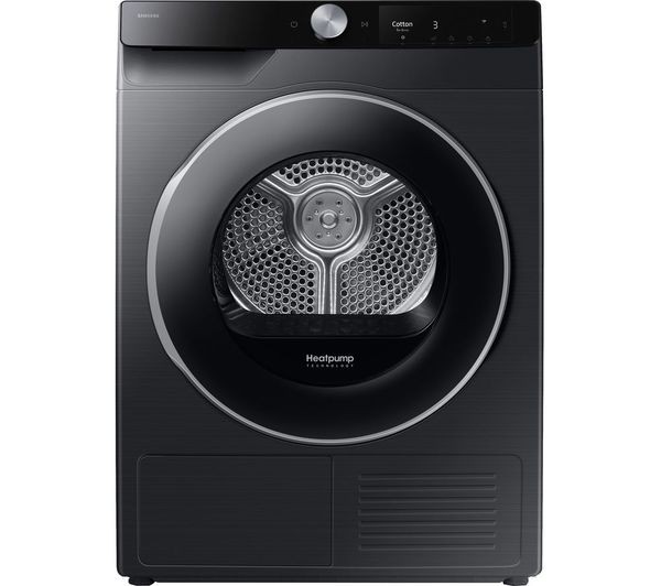 Samsung Tumble Dryer Series 6 in sleek black, featuring a large circular door with a mesh filter, control panel with a dial, and a 9 kg capacity for efficient drying.