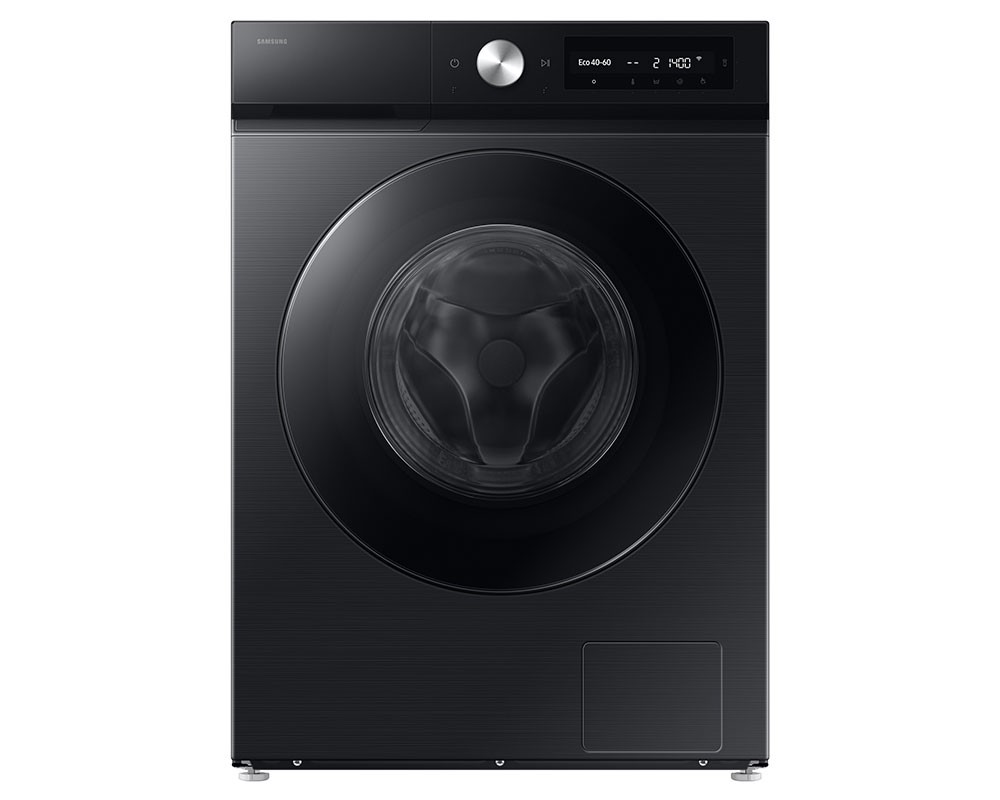 Sleek black Samsung Bespoke AI Front-Load Washing Machine Series 7, featuring a transparent door, digital control panel, and a capacity of 11 kg for efficient laundry care.