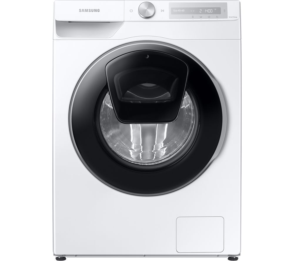 Samsung Series 7 WW90T684DLH washing machine in white, featuring a large black door, Addwash compartment, and a digital control panel with LED display.