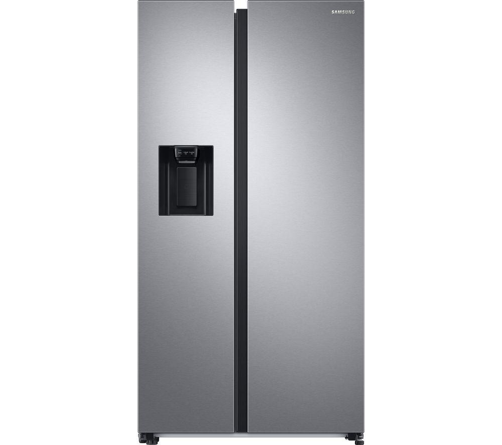 Samsung RS68A884CSLEU Series 8 American Style fridge freezer in sleek silver, featuring a water dispenser and a modern, stainless steel finish with double doors.