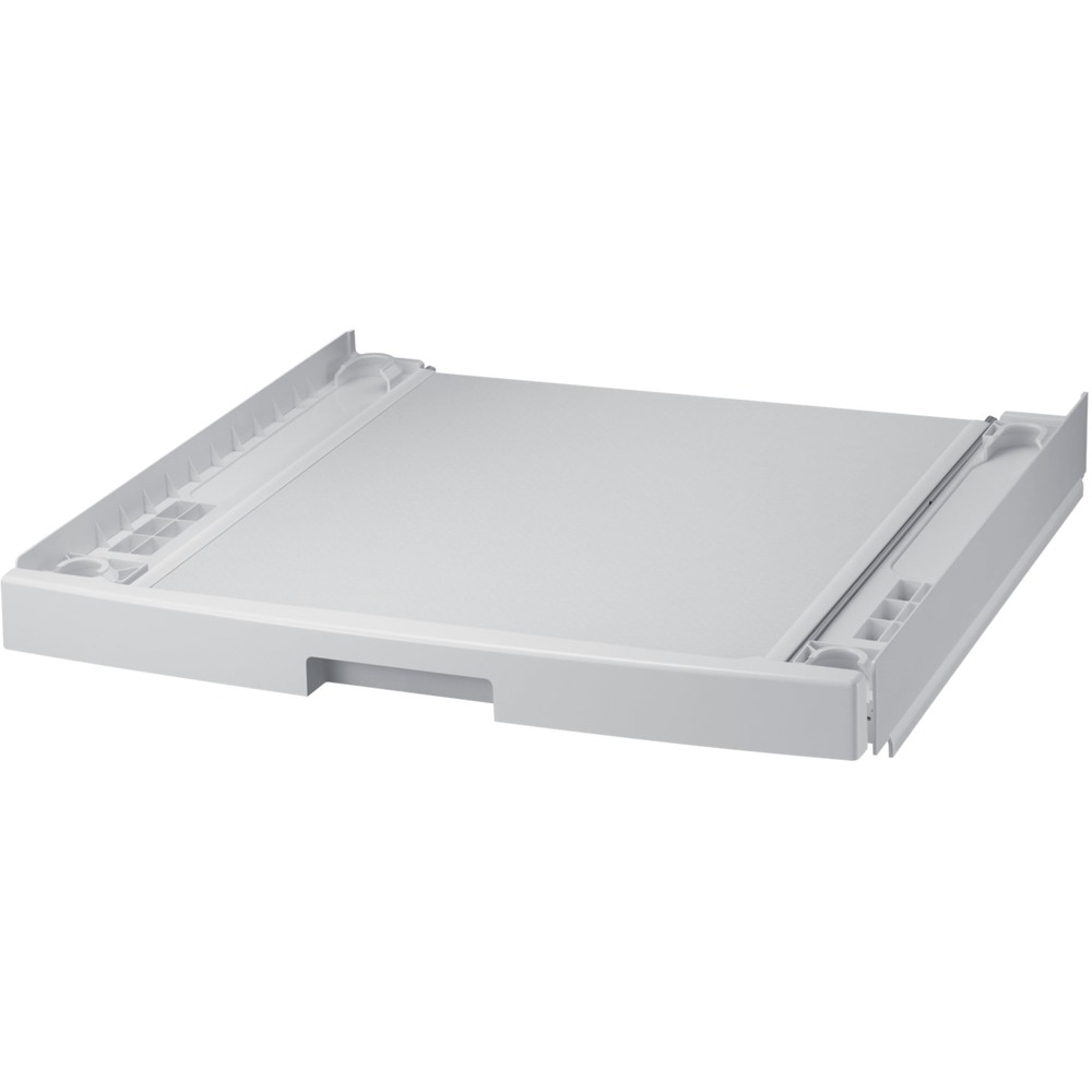 White Samsung SKK-DD washing machine stacking kit featuring a sturdy design with a textured surface, side supports, and a central opening for easy installation.