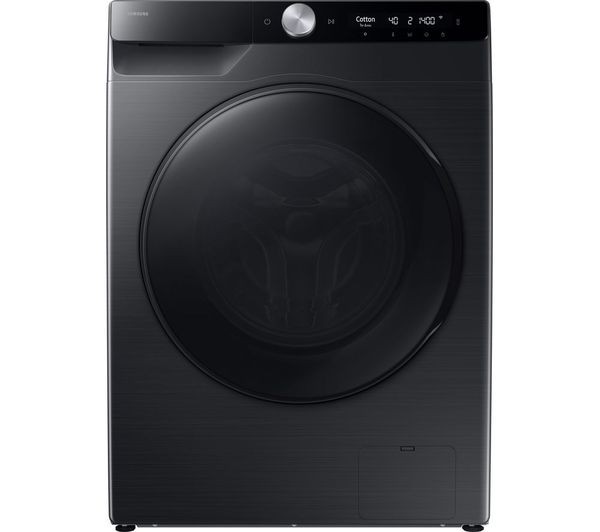 SAMSUNG Series 6 AI Energy WD90DG6B85BBU1 washer dryer in sleek black finish, featuring a large circular door, control panel with dial, and WiFi connectivity.