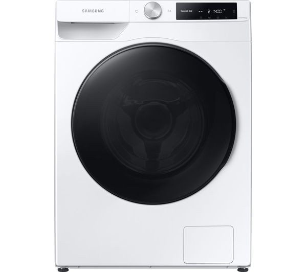 White Samsung Series 6 washer dryer with a black glass door, WiFi-enabled, 9 kg capacity, featuring a control panel with a digital display and a circular dial.