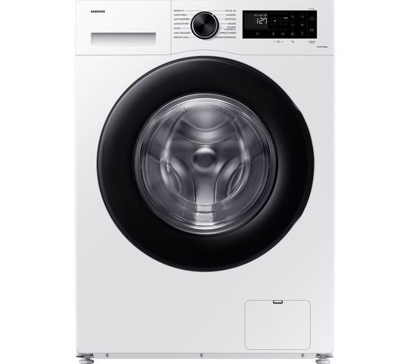 Samsung Bespoke AI Front-Load Washing Machine in white, featuring a large circular glass door, digital control panel, and 11 kg capacity for efficient laundry care.