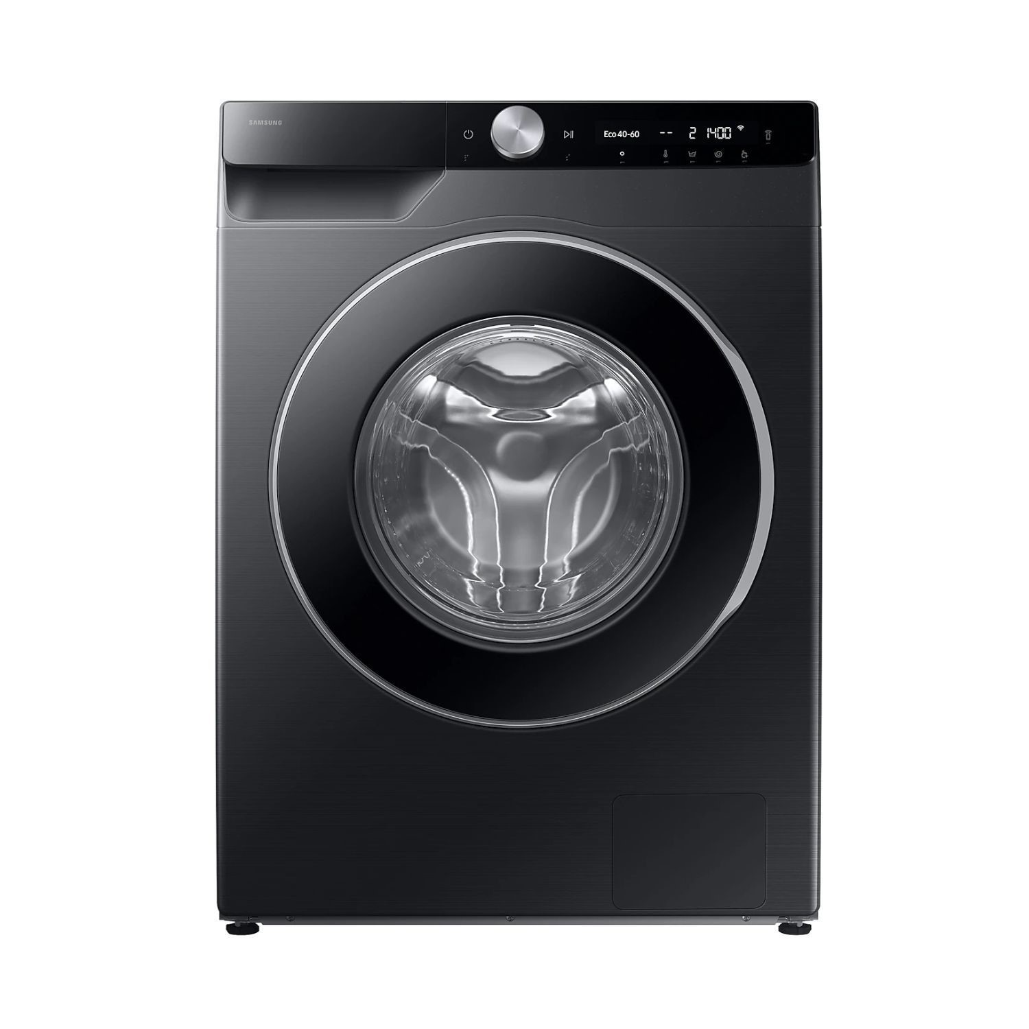 Samsung Bespoke AI Front-Load Washing Machine in sleek black, featuring a large glass door, digital control panel, and energy-efficient design, with an 11 kg capacity.