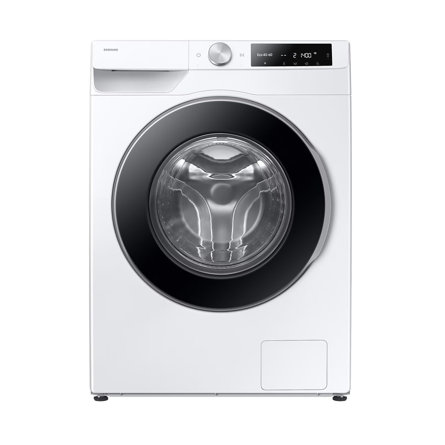 Samsung Bespoke AI Front-Load Washing Machine in white, featuring a large transparent door, sleek control panel with digital display, and 11 kg capacity.