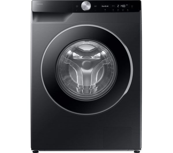 Samsung Series 6 AI Energy Black washing machine with a sleek design, featuring a large glass door, control panel with a dial, and a capacity of 9KG at 1400RPM.