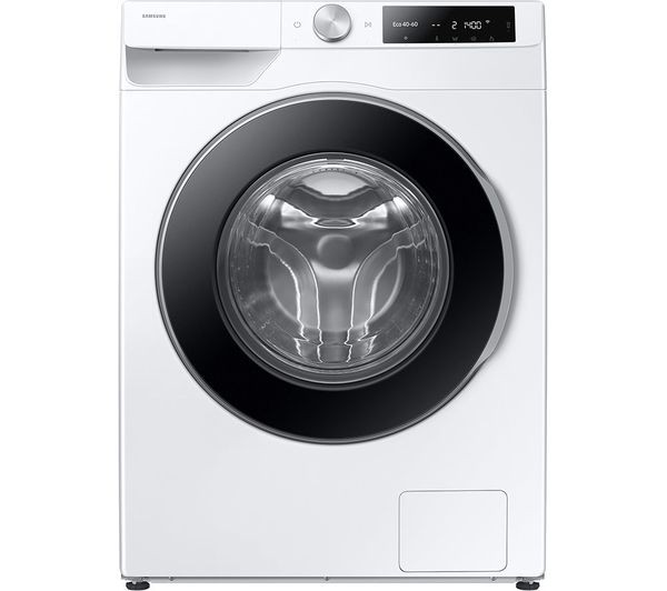 Samsung Bespoke AI Front-Load Washing Machine in white, featuring a large transparent drum window, sleek black door, and control panel with digital display and knobs.