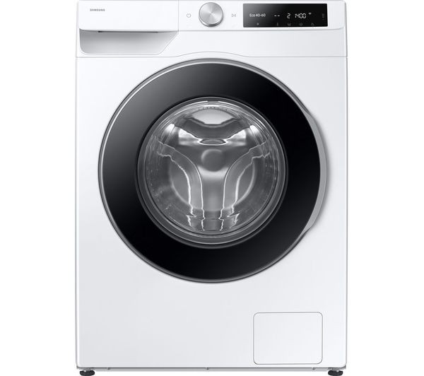 Samsung Bespoke AI Front-Load Washing Machine in white, featuring a large glass door, sleek black trim, control panel with digital display, and 9 kg capacity.