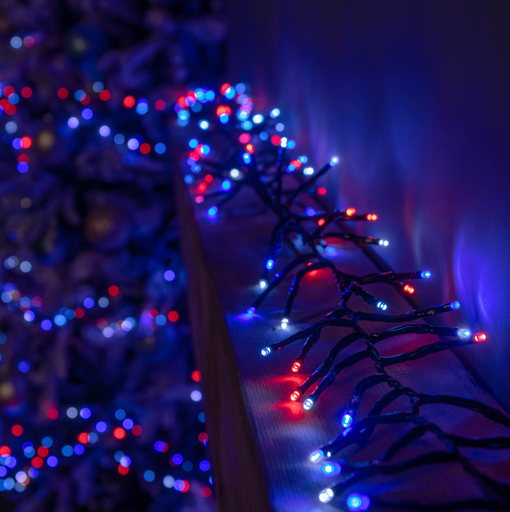 62.5m string of 5000 LED lights in blue, red, and white, featuring a multi-action timer, with a dark wire design, draped along a surface with a blurred festive background.