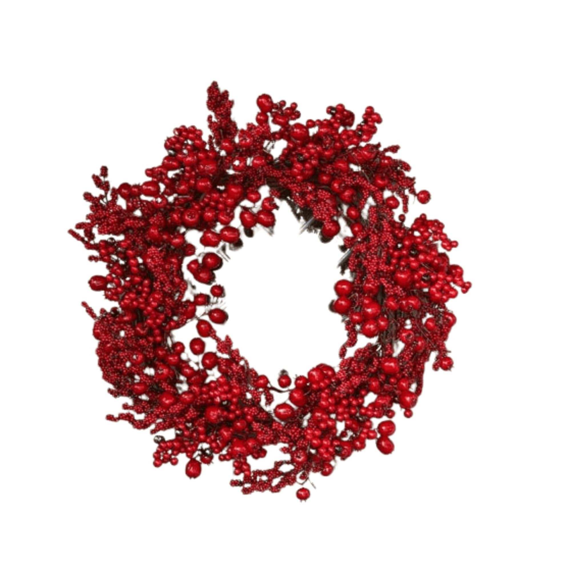 A vibrant 60cm red berry burst Christmas wreath featuring various shades of red berries and twigs, designed for festive holiday decor.