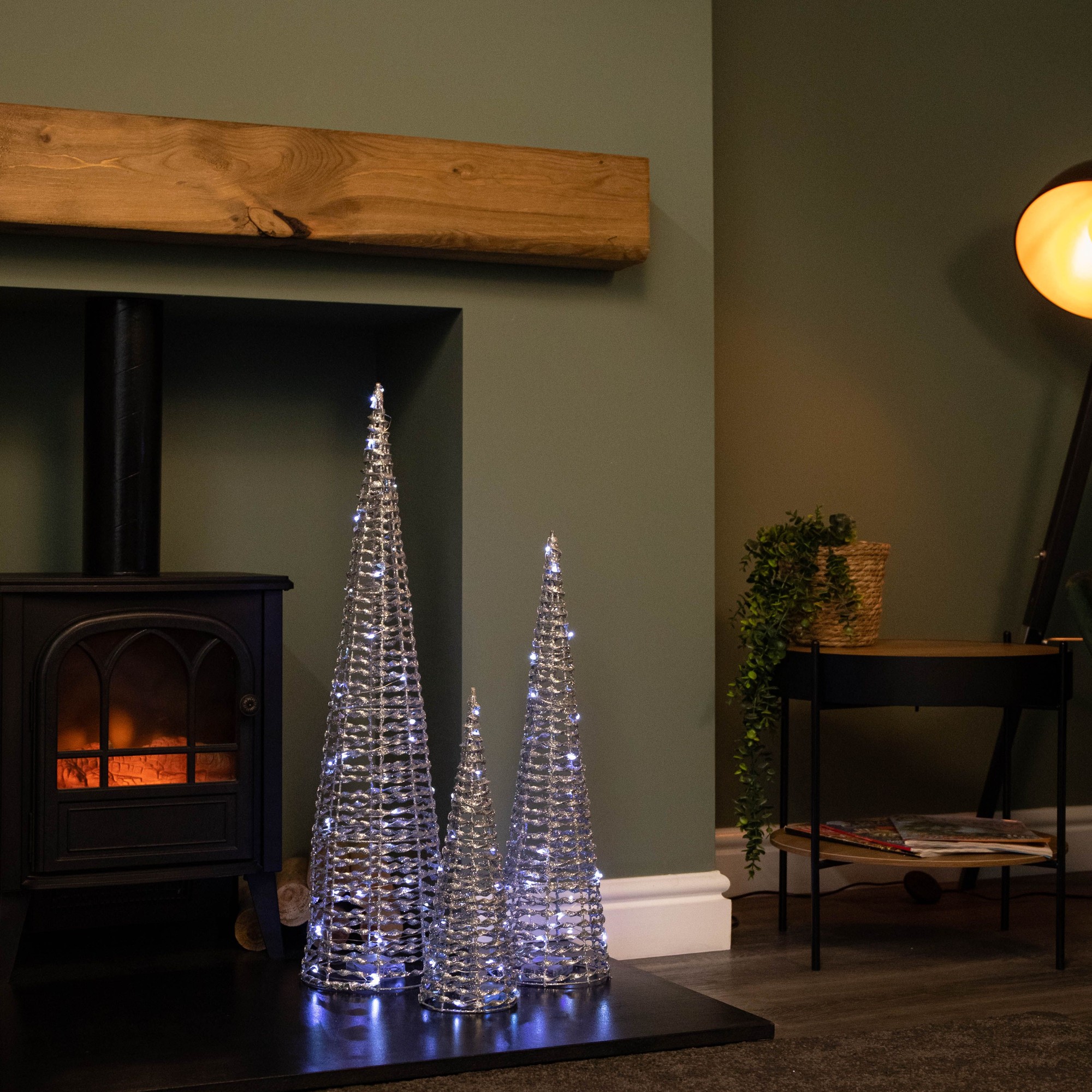 Samuel Alexander Cool White LED Pre Lit Silver Glitter Twist Cone Christmas Tree Set of 3 - image 3