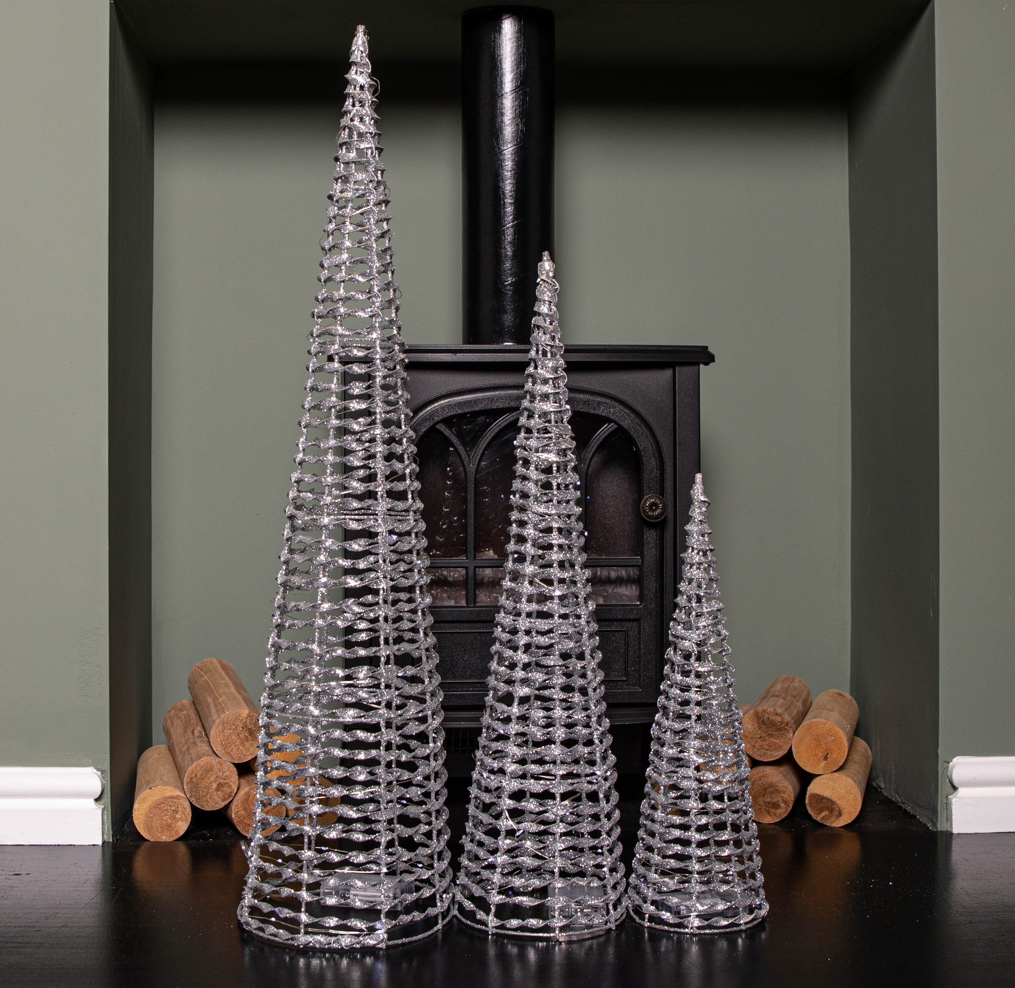 Samuel Alexander Cool White LED Pre Lit Silver Glitter Twist Cone Christmas Tree Set of 3 - image 4