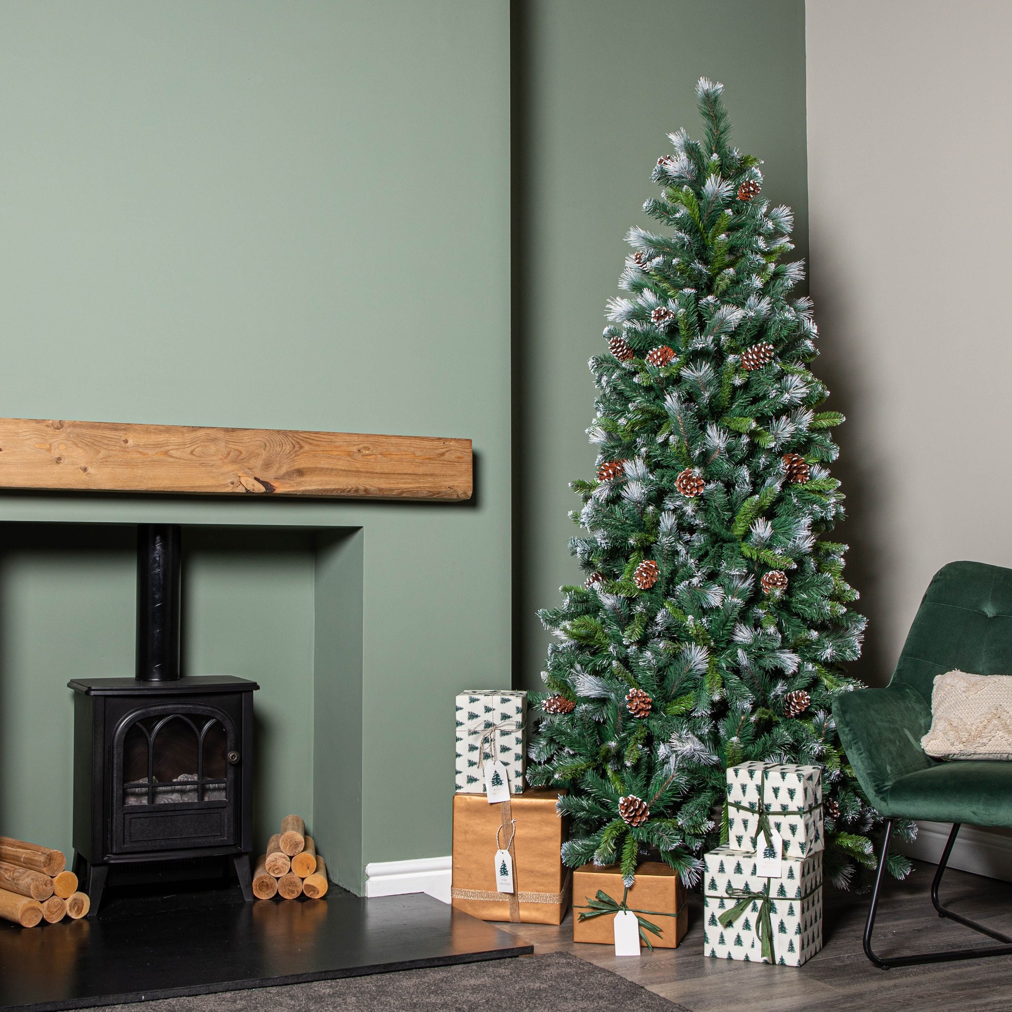 Samuel Alexander Frosted Glacier Pine Snow Tipped Christmas Tree with Pinecones 7ft - image 3