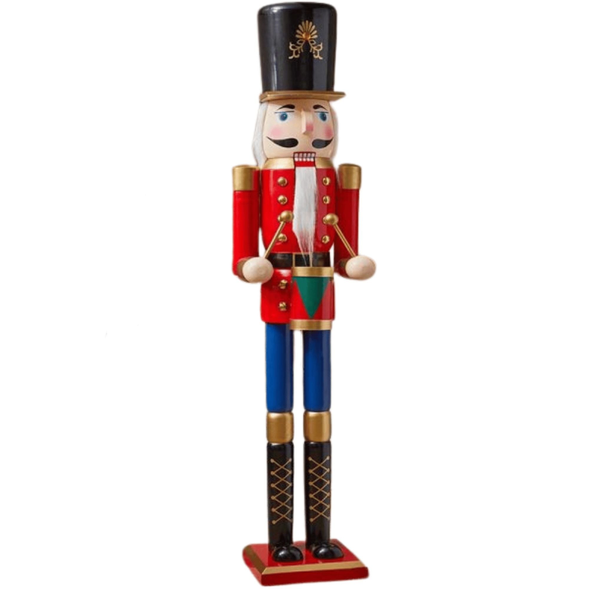 Tall wooden nutcracker decoration, 1.5m, hand-painted with a red coat, blue pants, black boots, and a tall black hat, featuring gold accents and a friendly face.