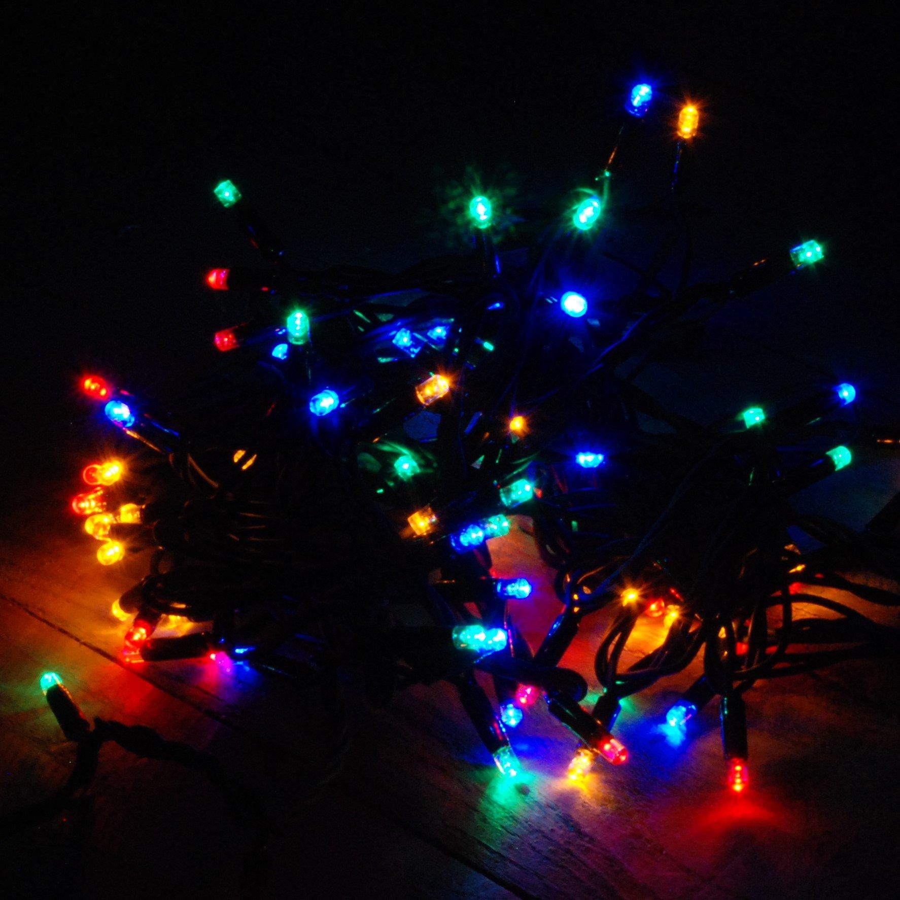 Connectable multi-coloured LED lights featuring 100 bulbs in red, green, blue, and yellow, with a 3M lead wire, ideal for festive decorations.