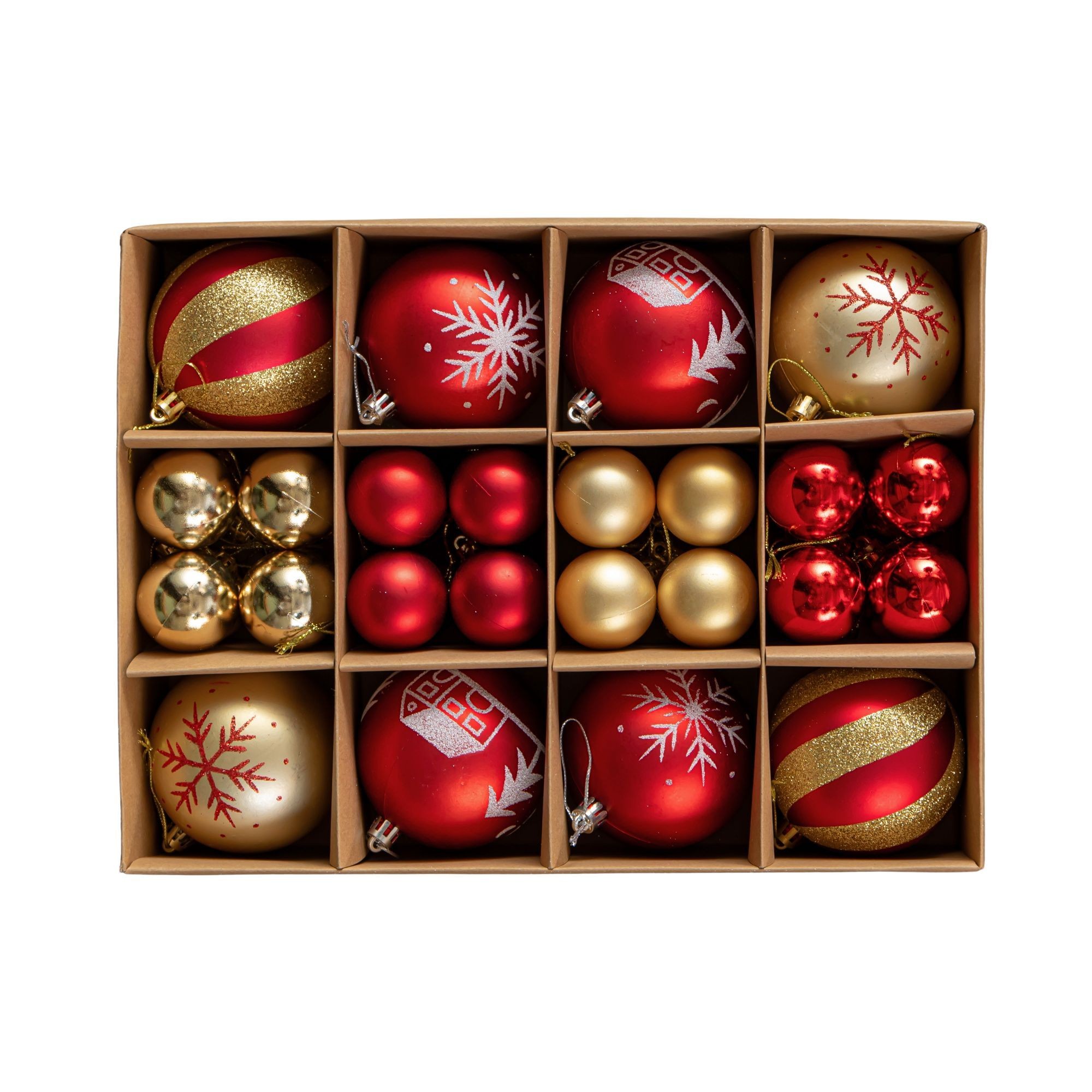 Set of 40 shatterproof Christmas tree baubles in red and gold, featuring various designs, including snowflakes and stripes, in two sizes, neatly arranged in a cardboard box.