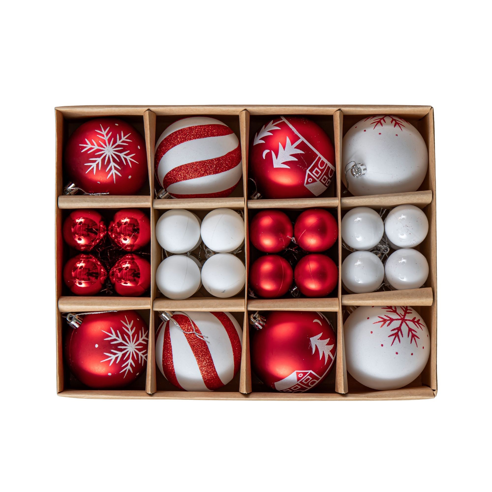 Set of 40 shatterproof Christmas tree baubles in red and white, featuring assorted sizes and designs like snowflakes, stripes, and glitter, neatly arranged in a cardboard box.