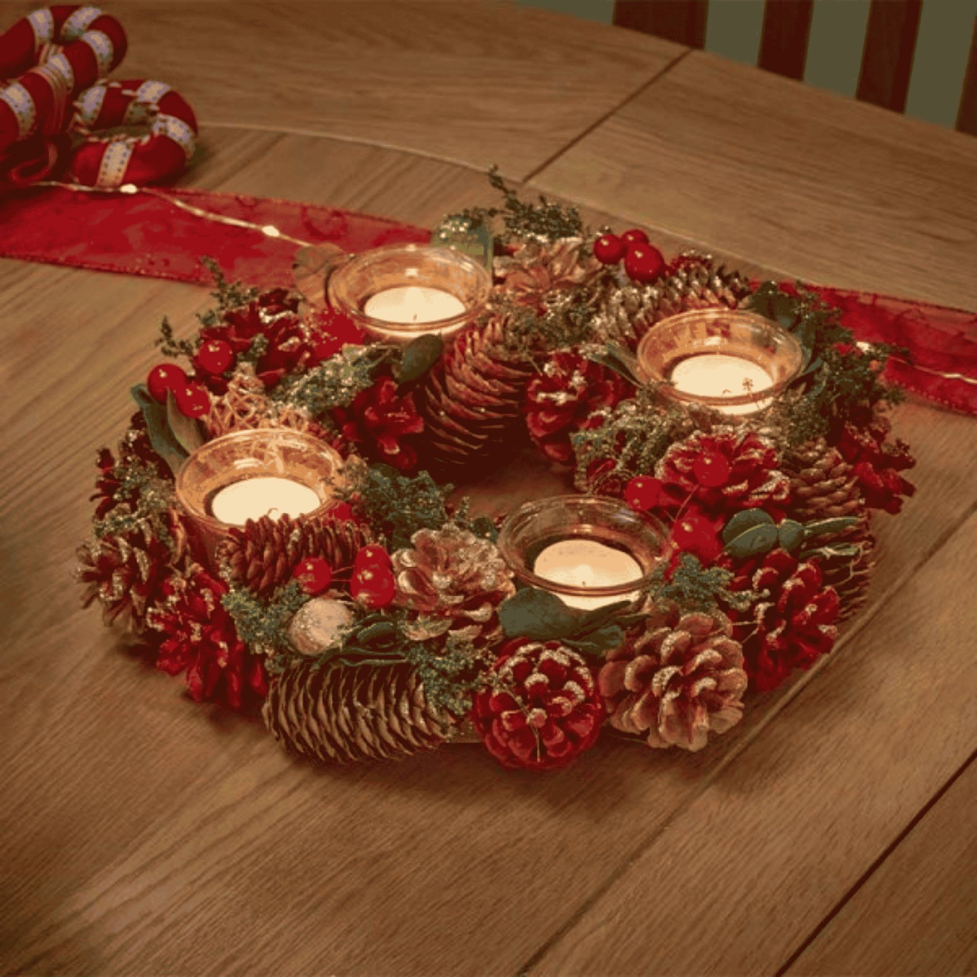 Samuel Alexander Red Bauble Pinecones and Berries Quartet Christmas Candle Holder 33cm - image 3
