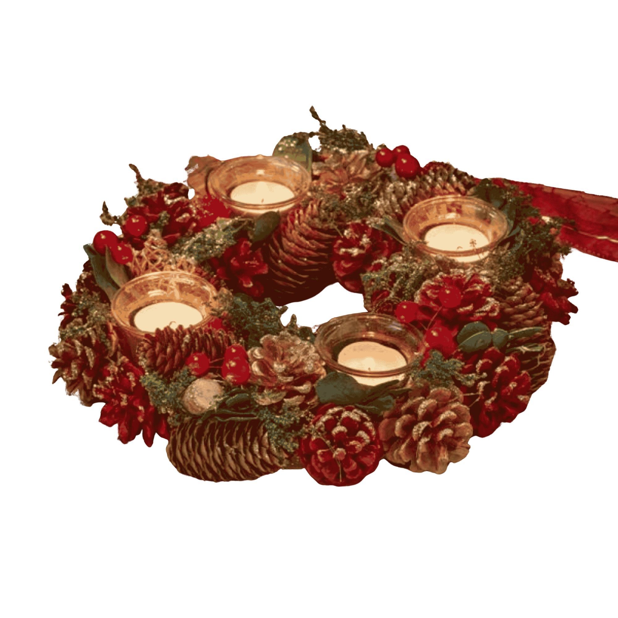 Red Christmas bauble candle holder featuring three glass votive holders surrounded by pinecones, berries, and green foliage, creating a festive centerpiece.