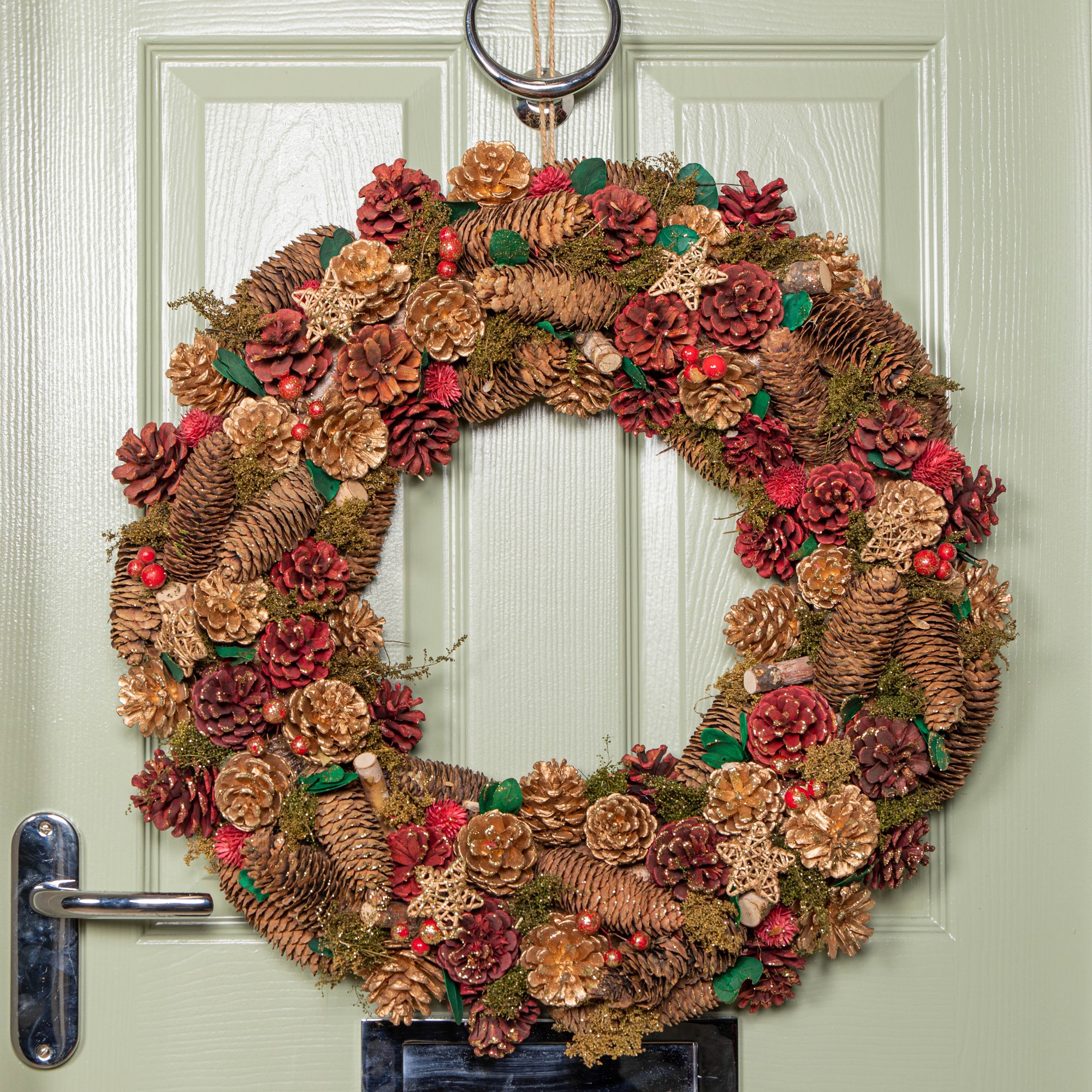 60cm red Christmas wreath featuring a mix of red berries, pinecones, and gold accents, beautifully arranged on a green door.