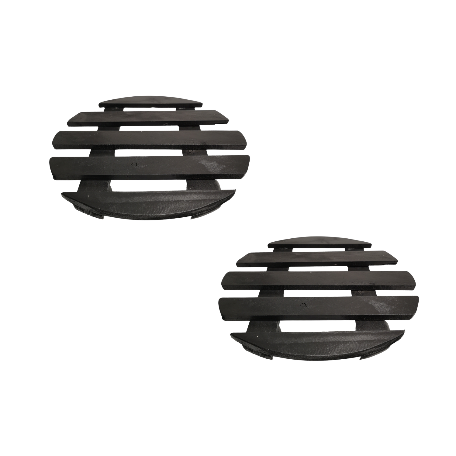 Two black round garden plant pot trolleys, each 28cm in diameter, featuring a slatted design and wheels for easy mobility, made from durable material.