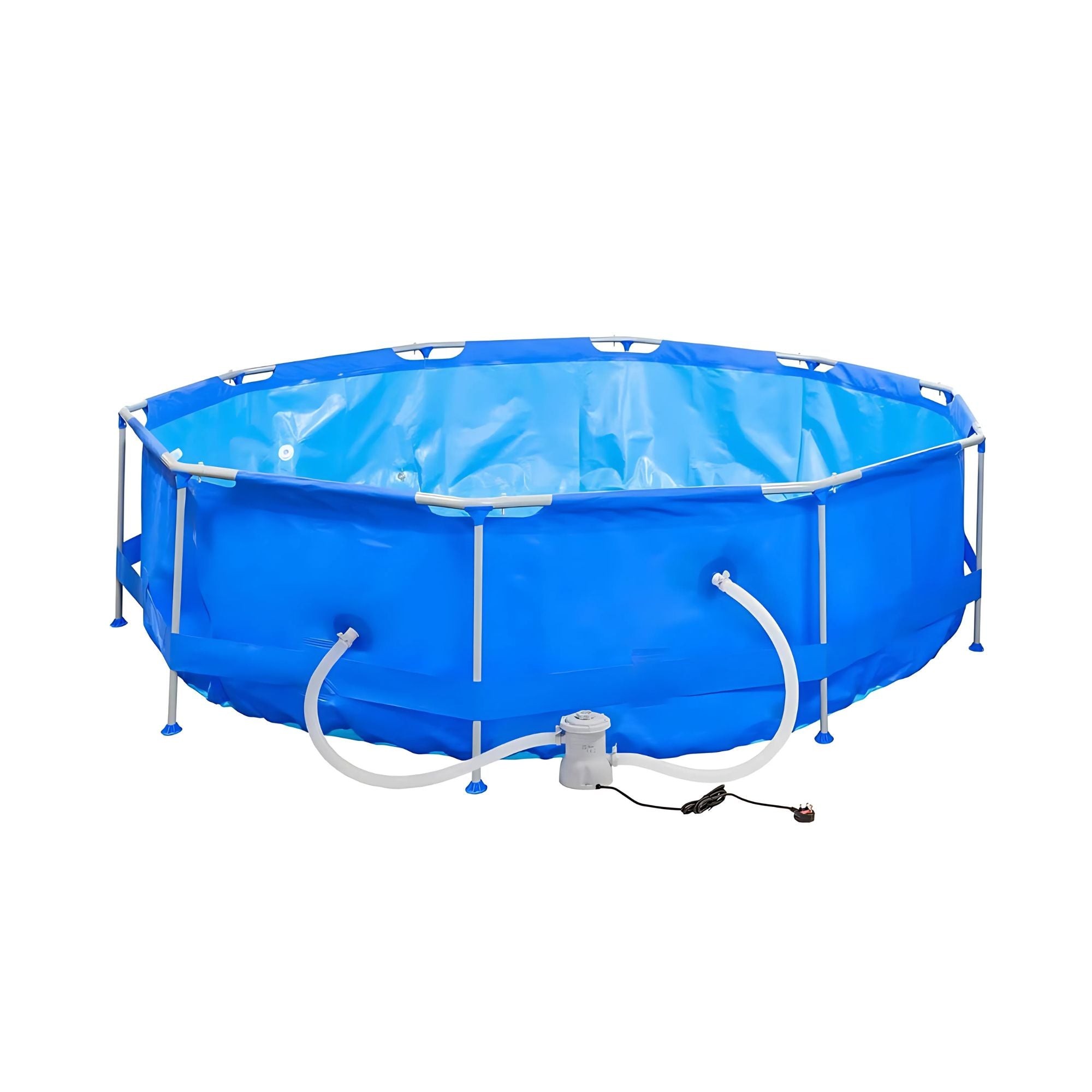 Giant round pool measuring 3m x 76cm in bright blue, featuring a sturdy frame and a filtration pump for 4200L capacity, ideal for summer fun.