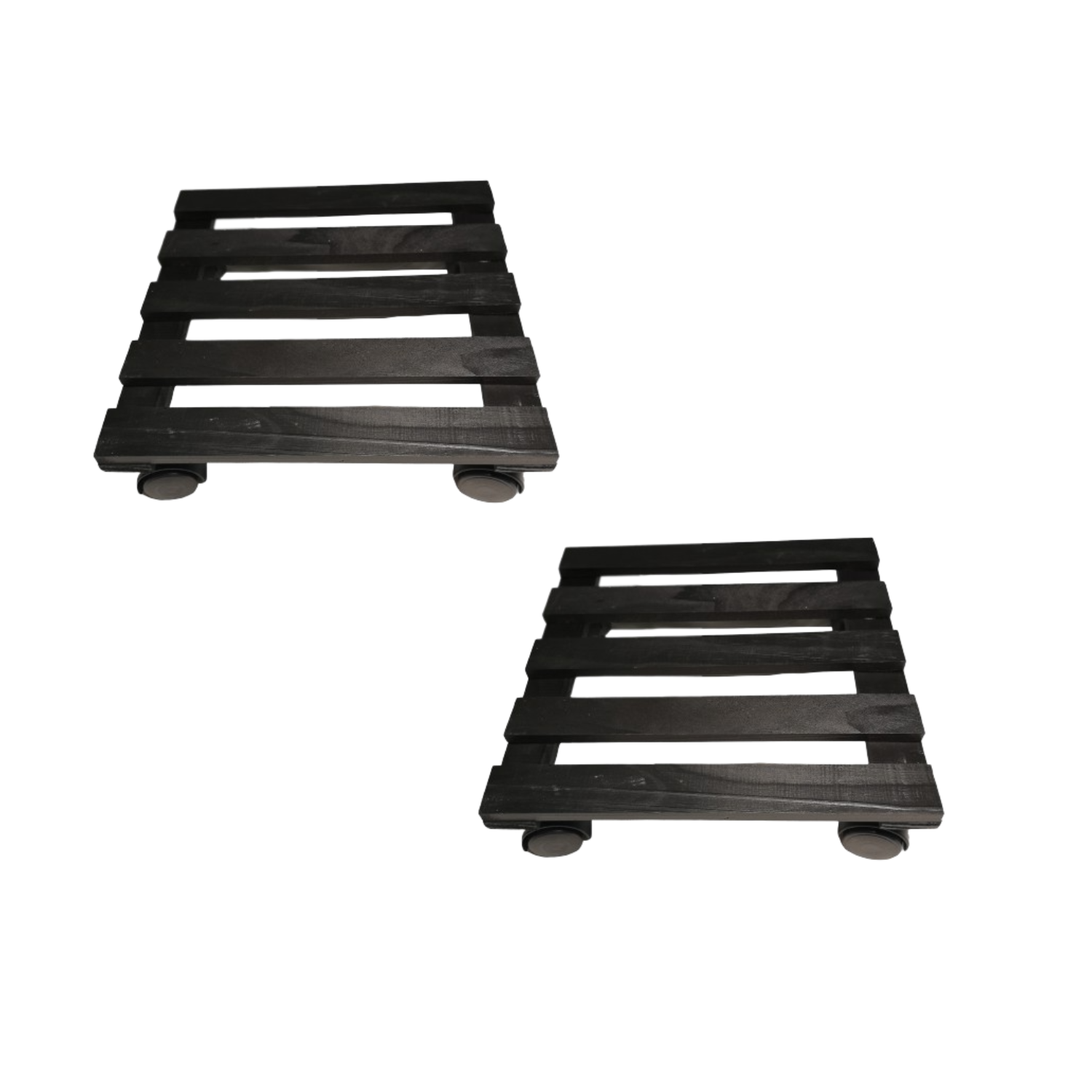 Pack of 2 black square wooden plant pot trolleys, each 28cm, featuring slatted design and wheels for easy mobility in the garden.