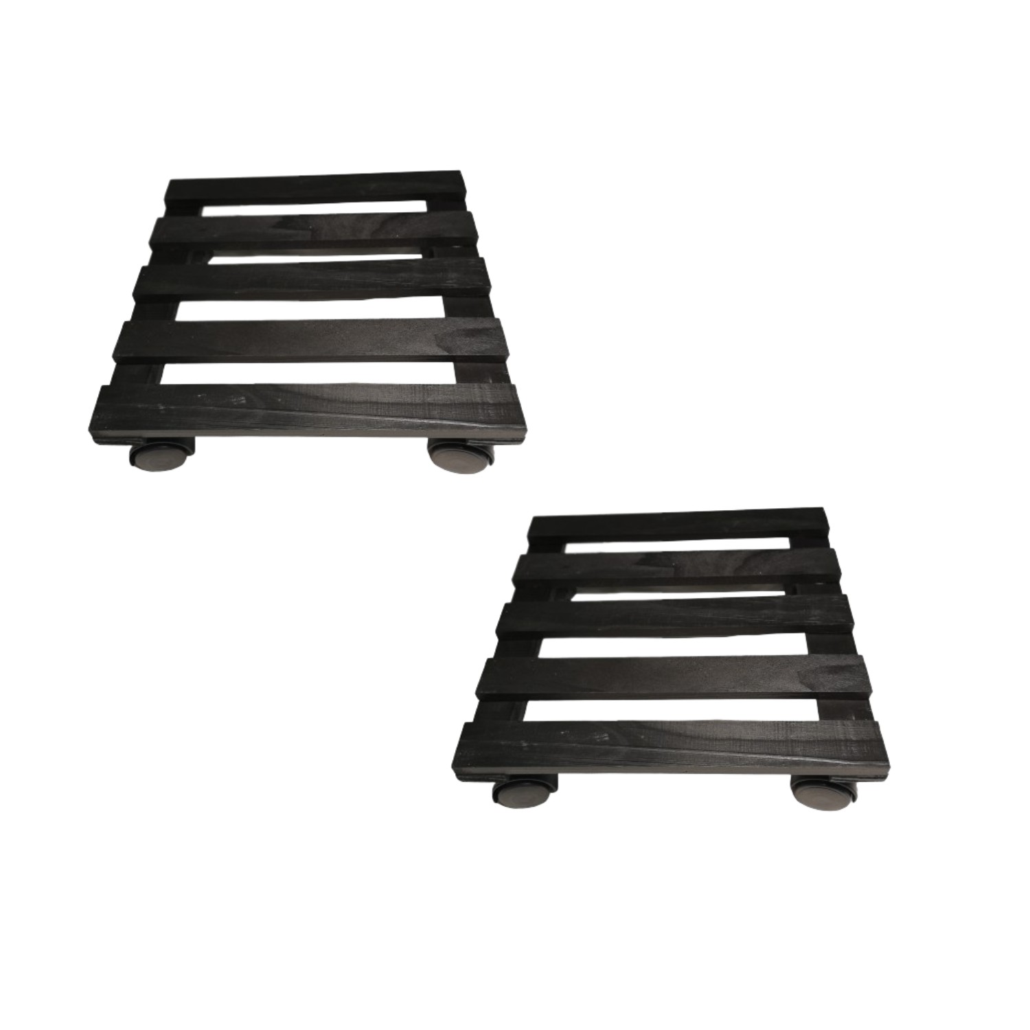 Two black square wooden plant pot trolleys, each 35cm, featuring slatted design and wheels for easy mobility, ideal for garden use.