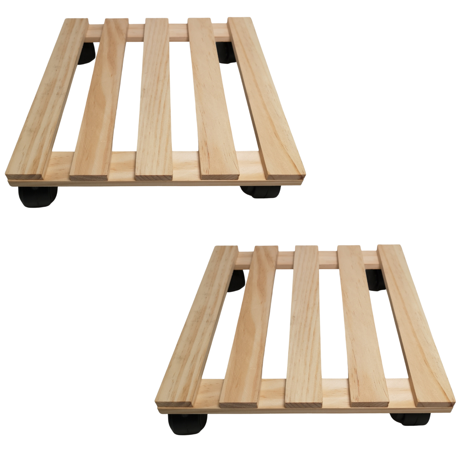 Two 35cm square wooden plant pot trolleys with a natural wood finish, featuring slatted designs and four black wheels for easy mobility.