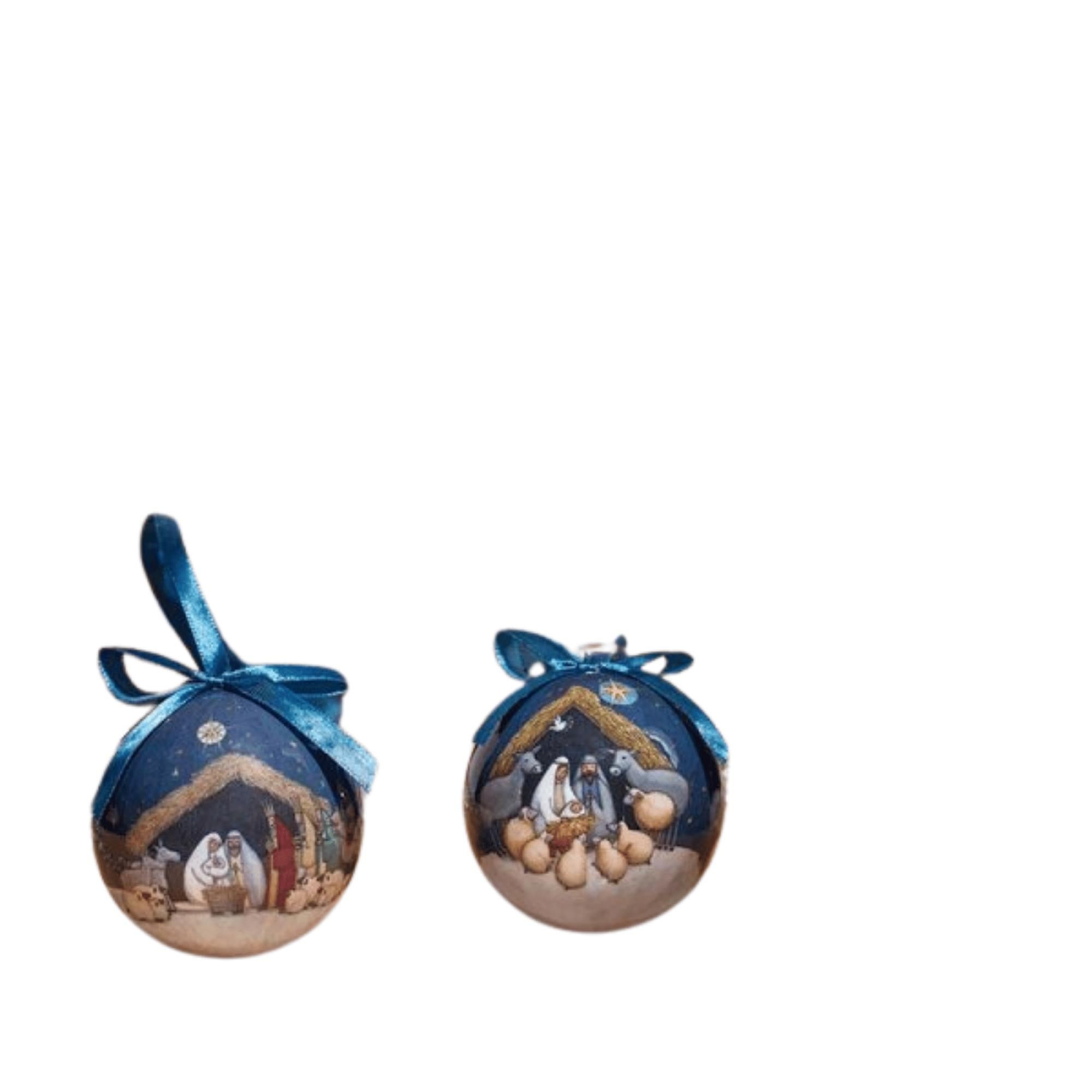 Set of 14 vintage-style Christmas tree baubles in blue, featuring traditional nativity scenes, adorned with gold accents and blue ribbons for hanging.