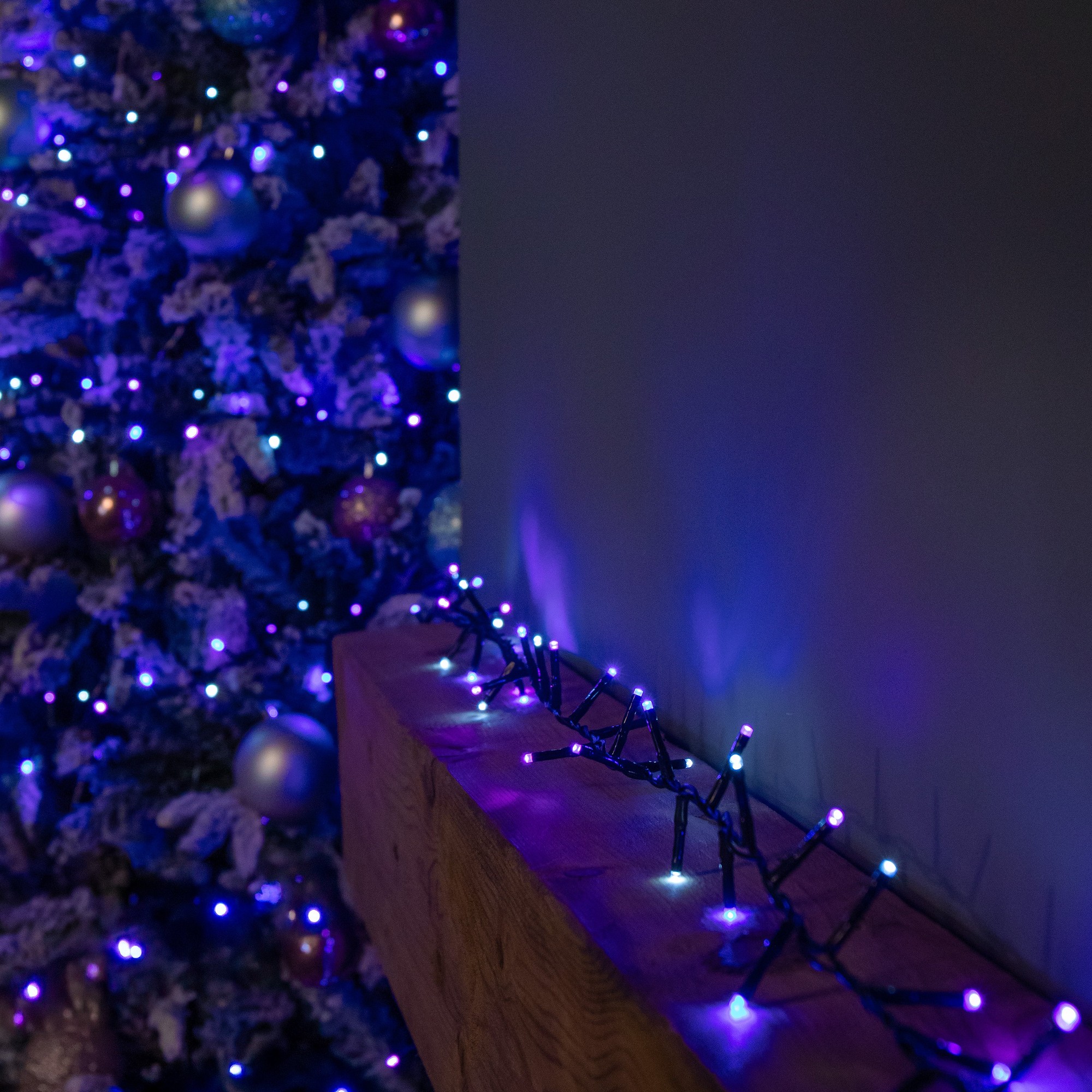 12.5m string lights featuring 500 LED bulbs in blue, purple, and white, with a timer, displayed alongside a decorated Christmas tree.