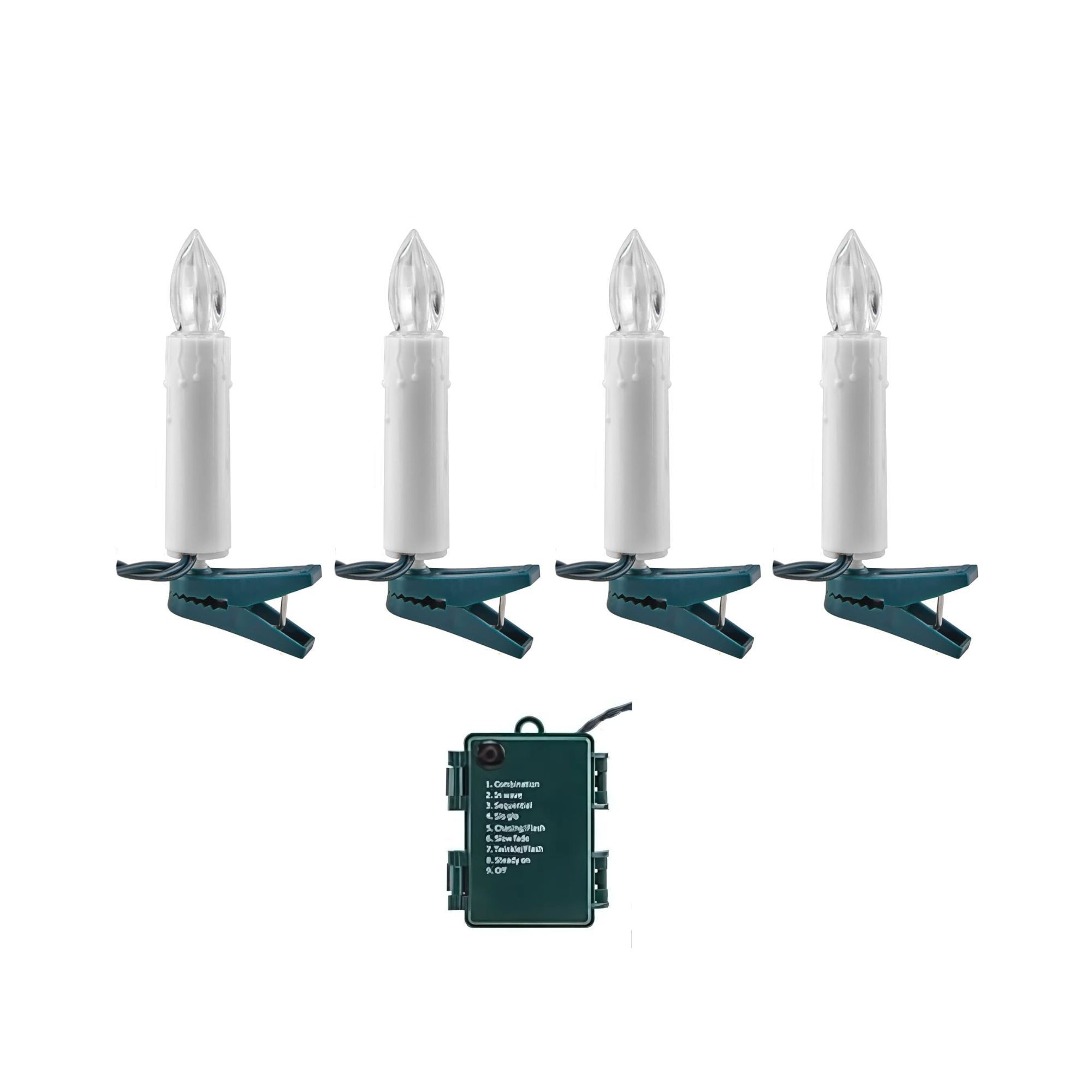 Set of 30 warm white LED Christmas tree light candles with white cylindrical bodies, clear flame-shaped tops, and green clips for easy attachment, along with a control box.