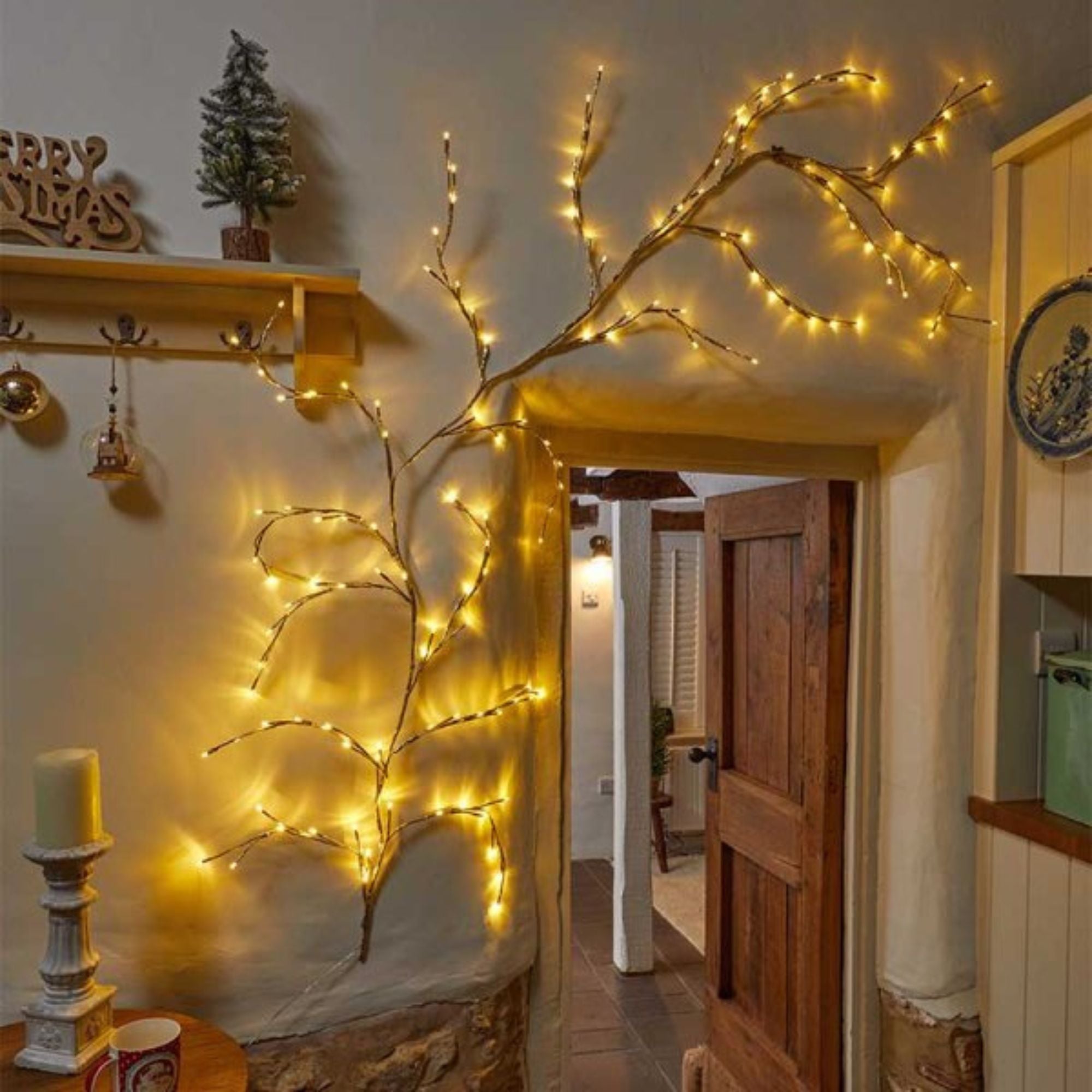 Warm white LED lights illuminate a vine-like design, featuring 144 bulbs on a flexible, natural-looking branch, enhancing indoor or outdoor Christmas decor.