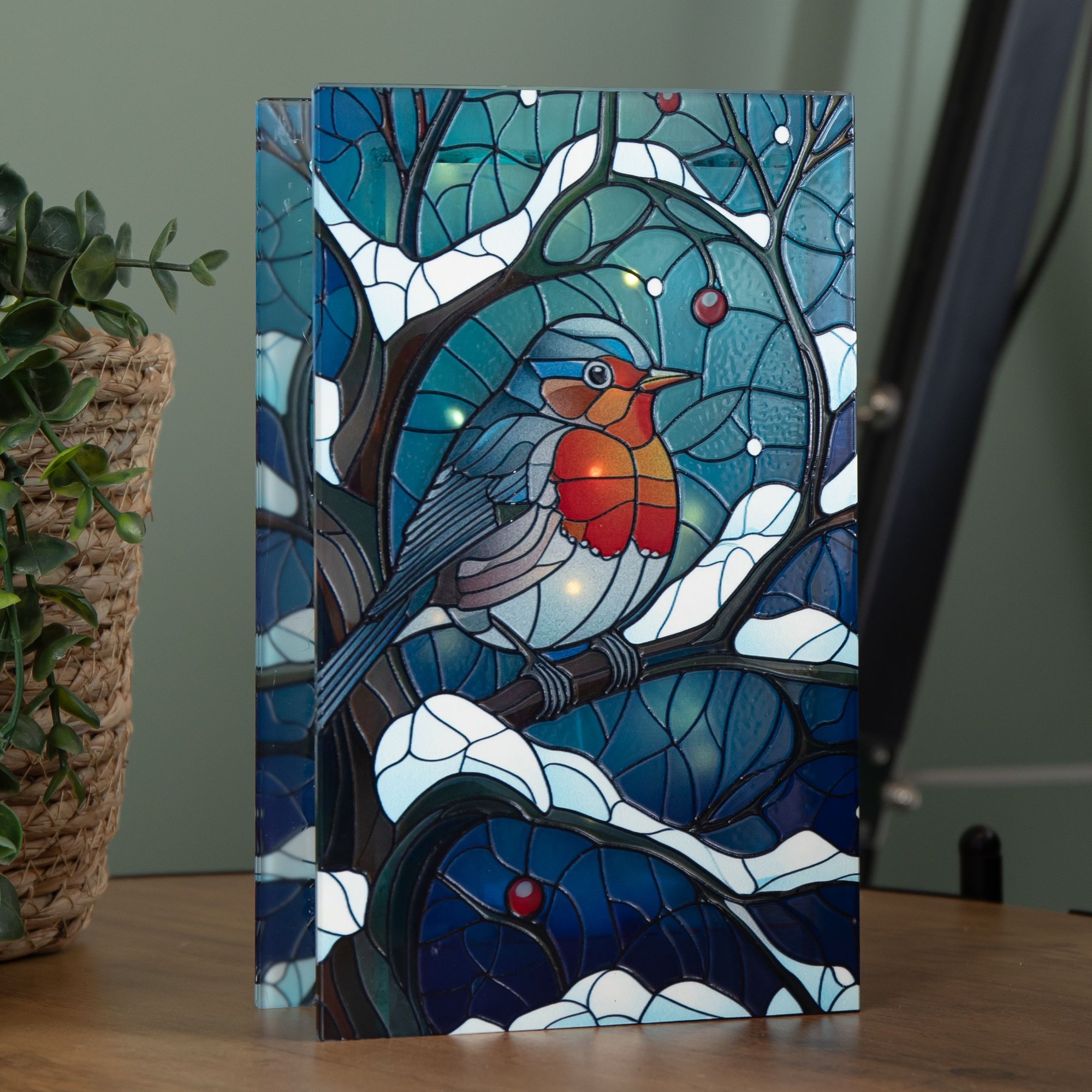 Samuel Alexander Warm White LED Stained Glass with Robin Scene Christmas Decoration 21cm - image 4