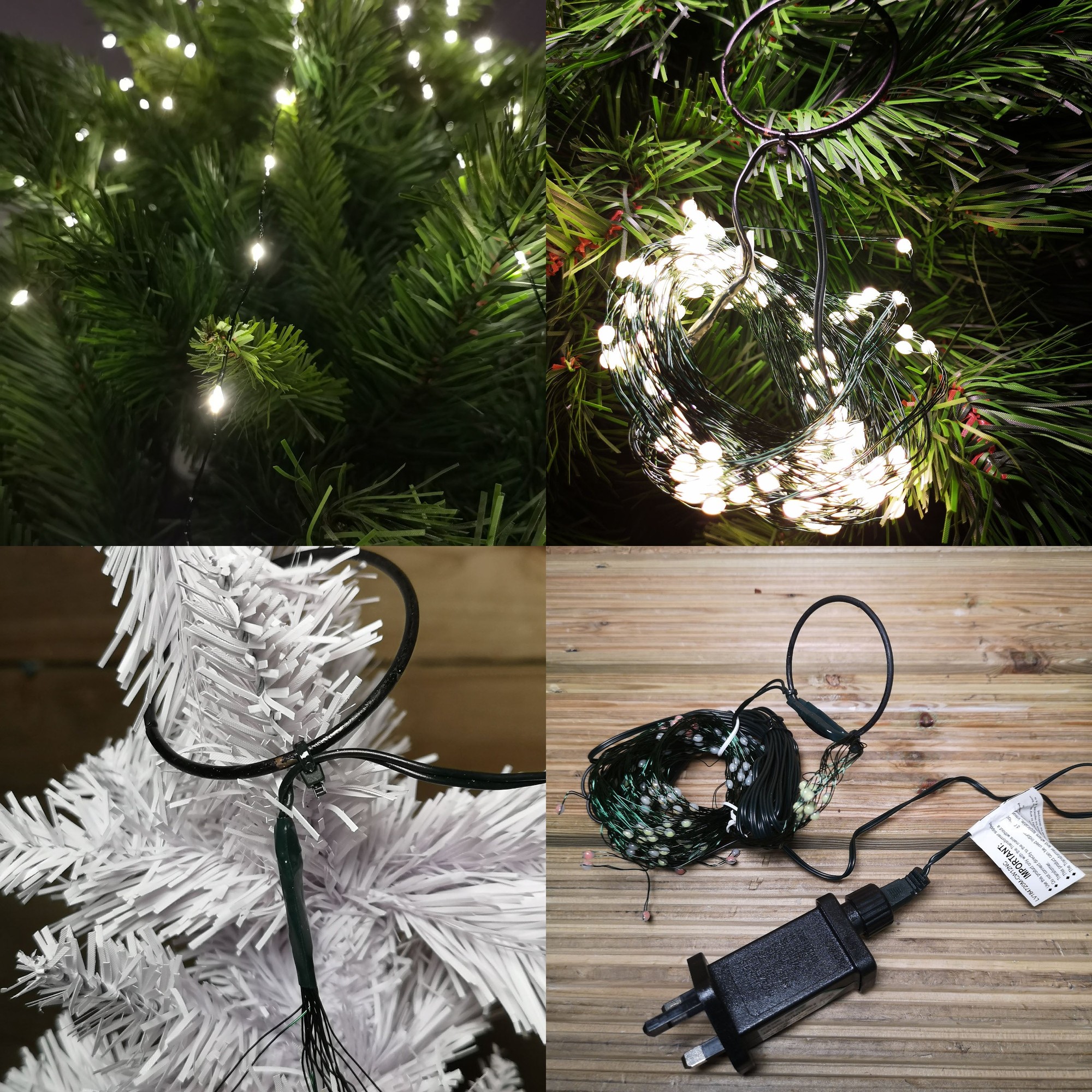 200 LED warm white Christmas tree lights on green wire, featuring a timer, displayed on a green and a white tree, showcasing multiple lighting functions.