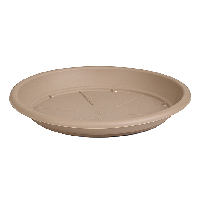Brown plastic plant saucer, 12 inches in diameter, featuring a smooth surface and raised rim for water drainage, ideal for indoor or outdoor use.