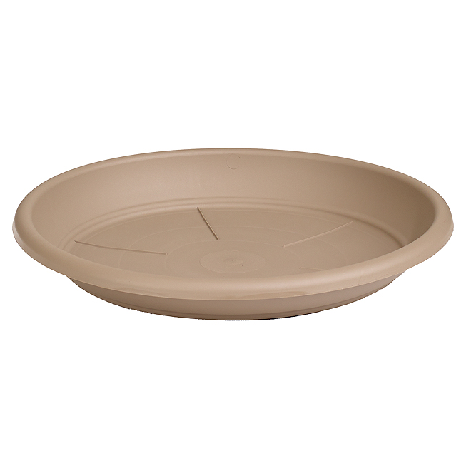 Brown plastic plant saucer, 14 inches in diameter, featuring a smooth surface and drainage grooves for water management.