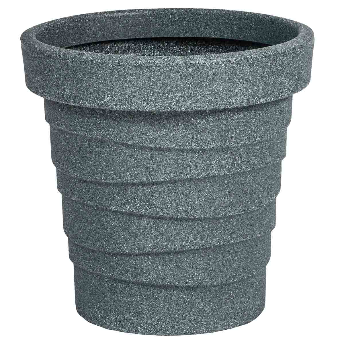 Round grey planter with a textured finish and ribbed design, made from durable material, ideal for indoor or outdoor use.