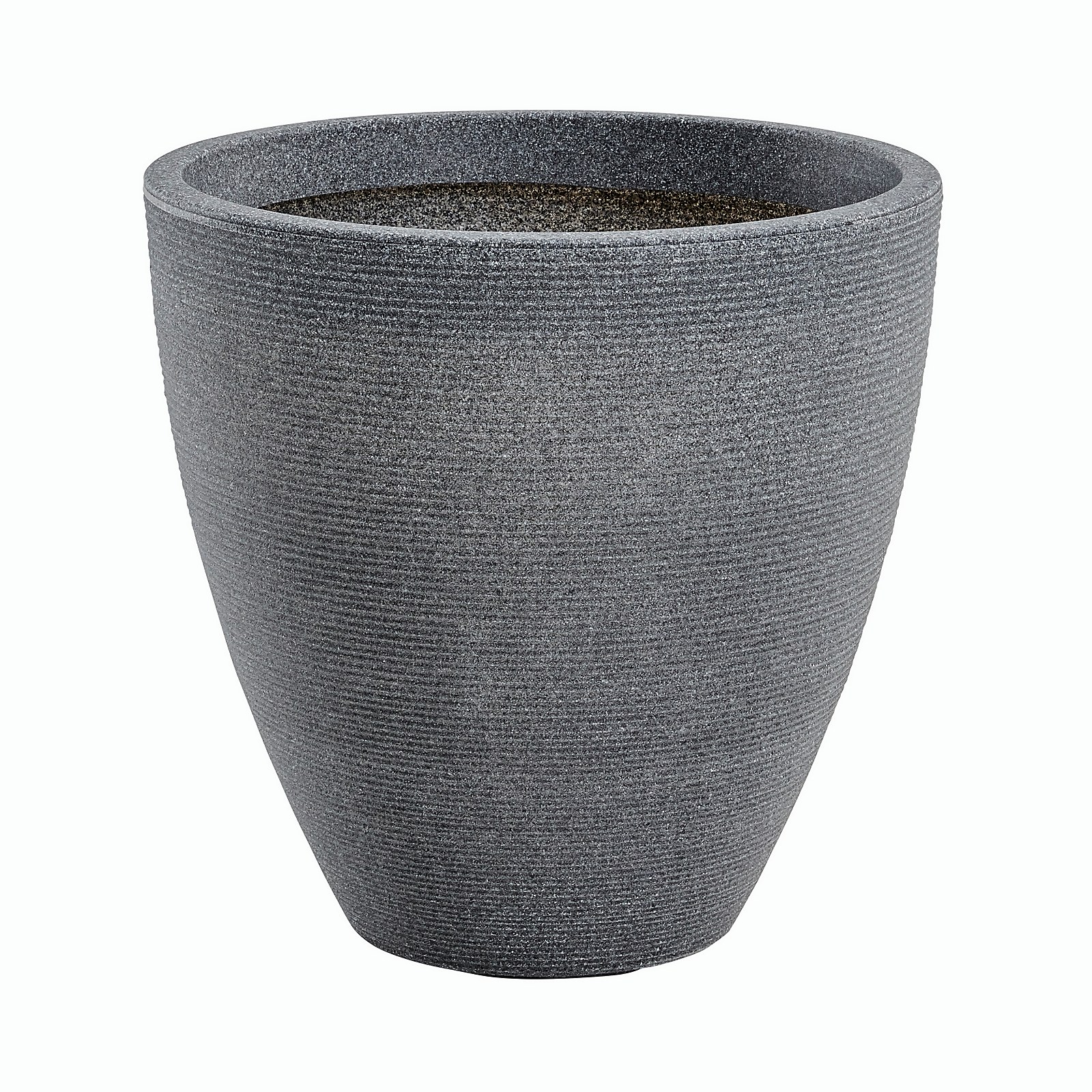 Gray plastic planter with a textured, ribbed surface, 40cm tall, featuring a tapered design suitable for indoor or outdoor use.