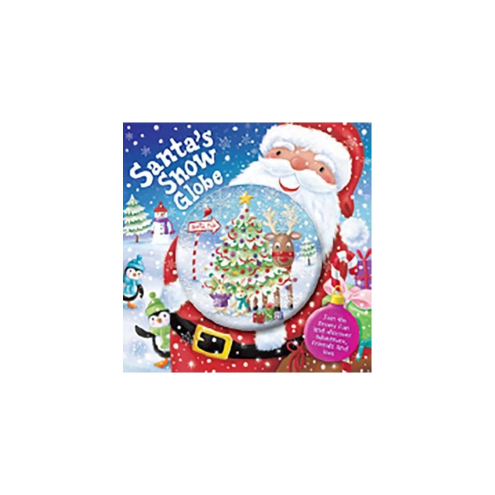A colorful snow globe featuring Santa Claus, a decorated Christmas tree, and playful penguins, set against a snowy background with festive details.
