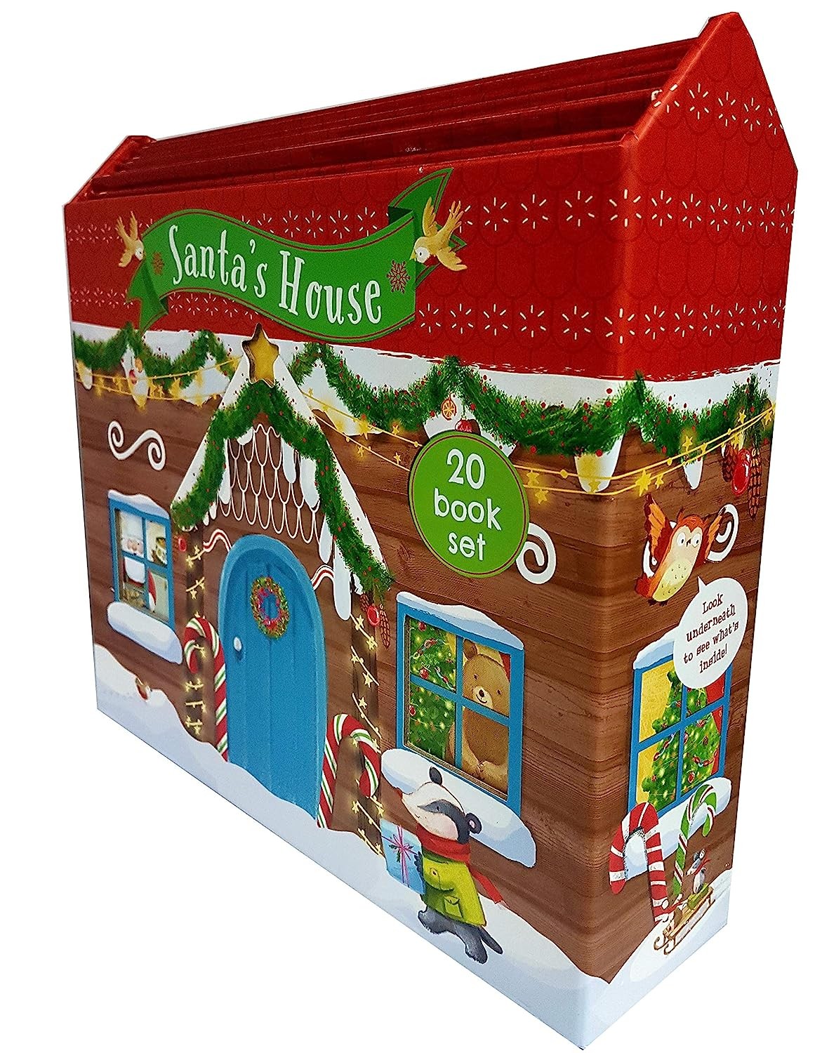 Colorful book set shaped like a gingerbread house, featuring a red roof, wooden texture, festive decorations, and a sign reading "Santa's House" with 20 small books inside.